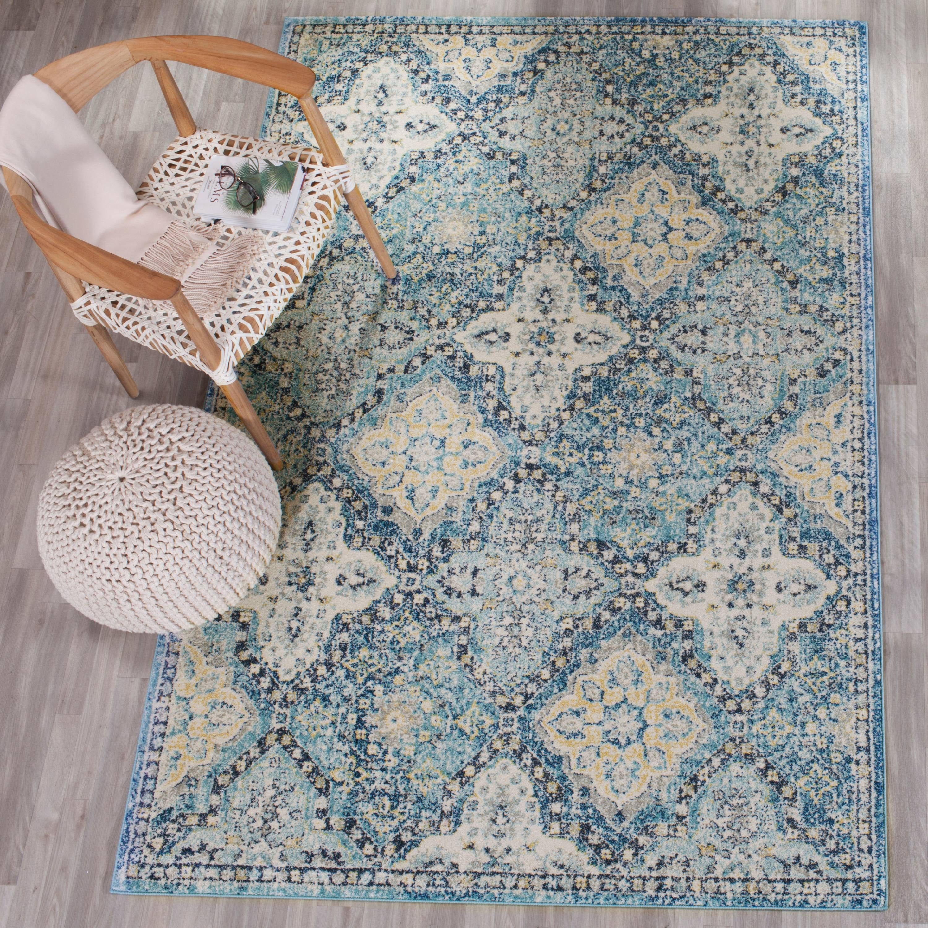 Light Blue and Ivory Synthetic Damask Area Rug 6'7" x 9'