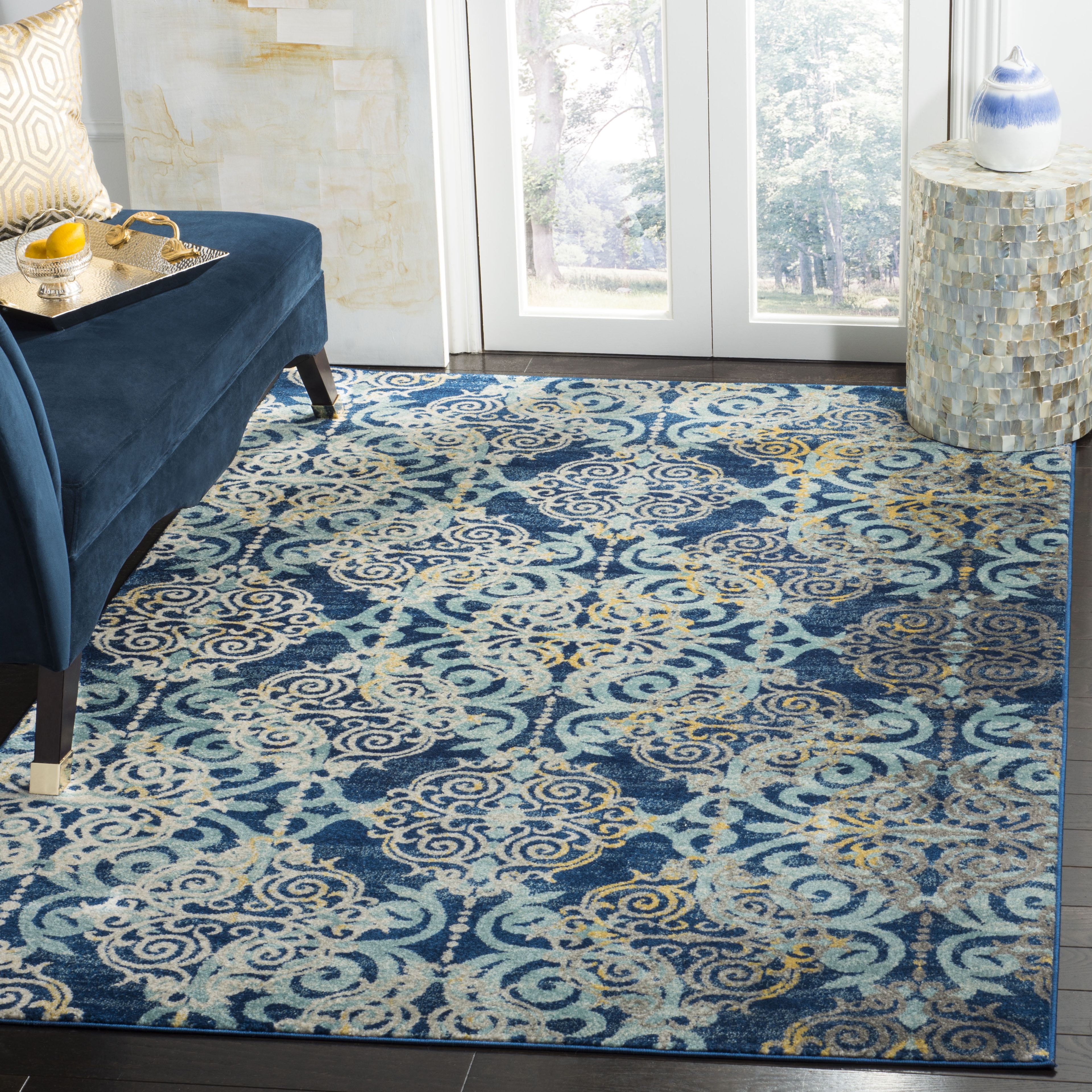 Royal and Light Blue Wool Blend Damask Area Rug, 9' x 12'