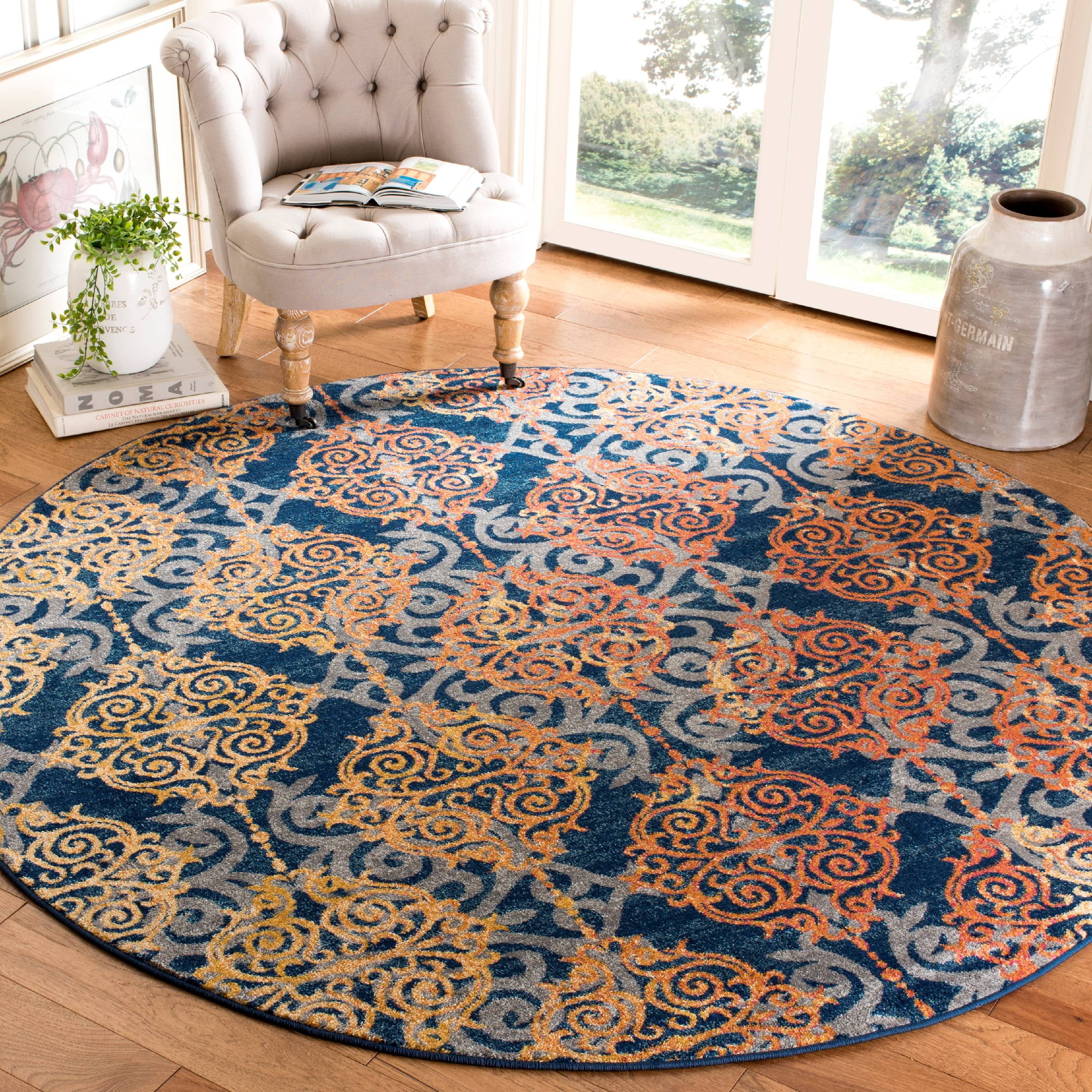 Reversible Blue and Orange Synthetic Round Area Rug