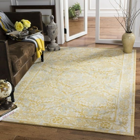 Ivory and Gold Floral Synthetic 3' x 5' Area Rug