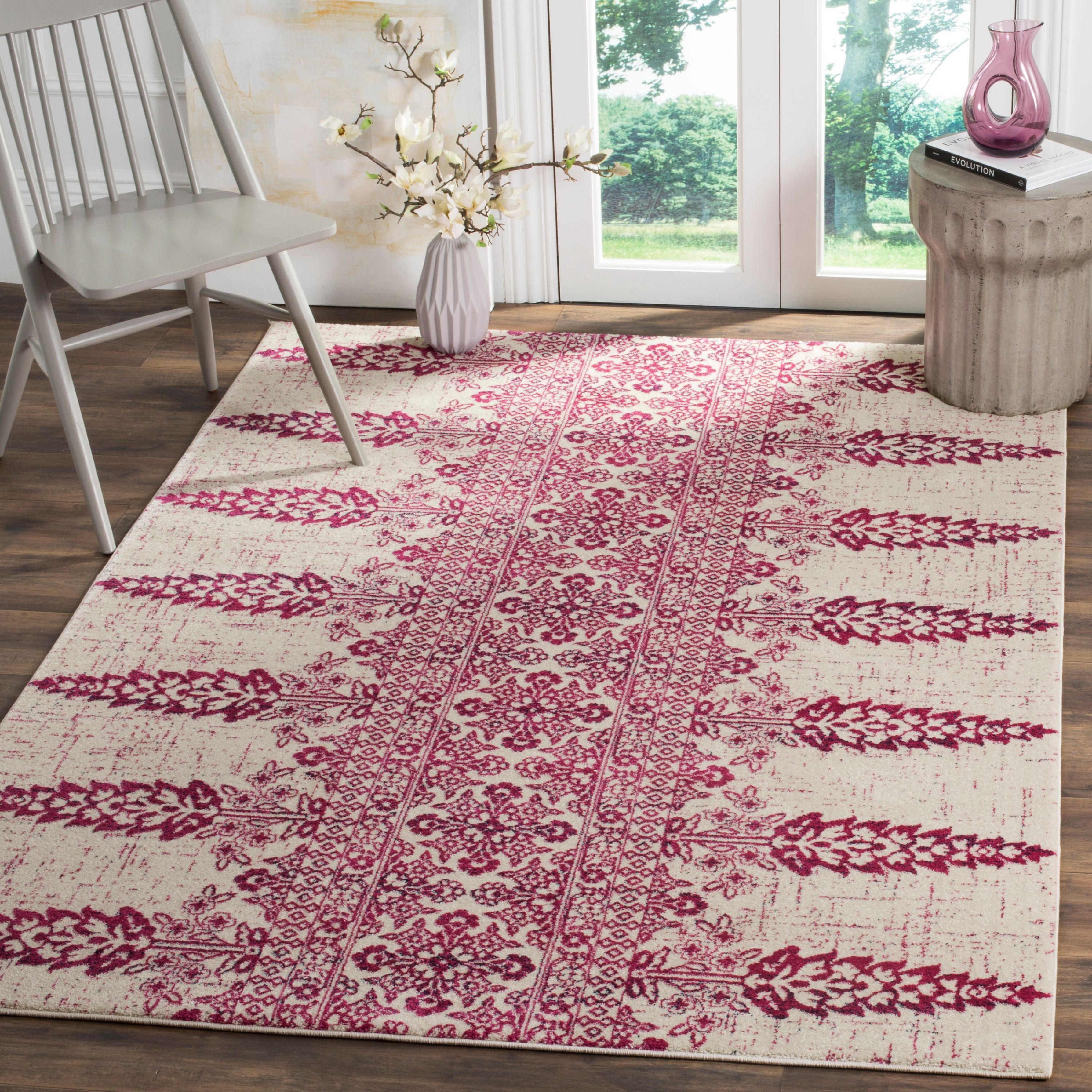 Ivory and Fuchsia High Pile Boho Chic Area Rug, 8' x 10'