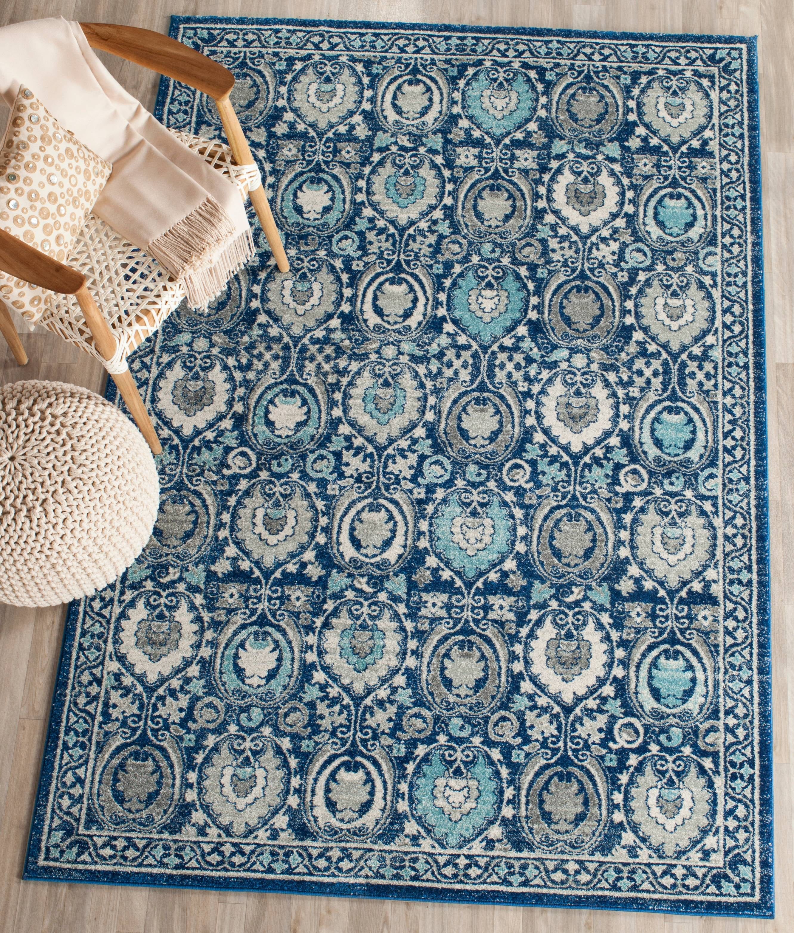 Evoke Blue and Ivory Floral Bordered 9' x 12' Area Rug