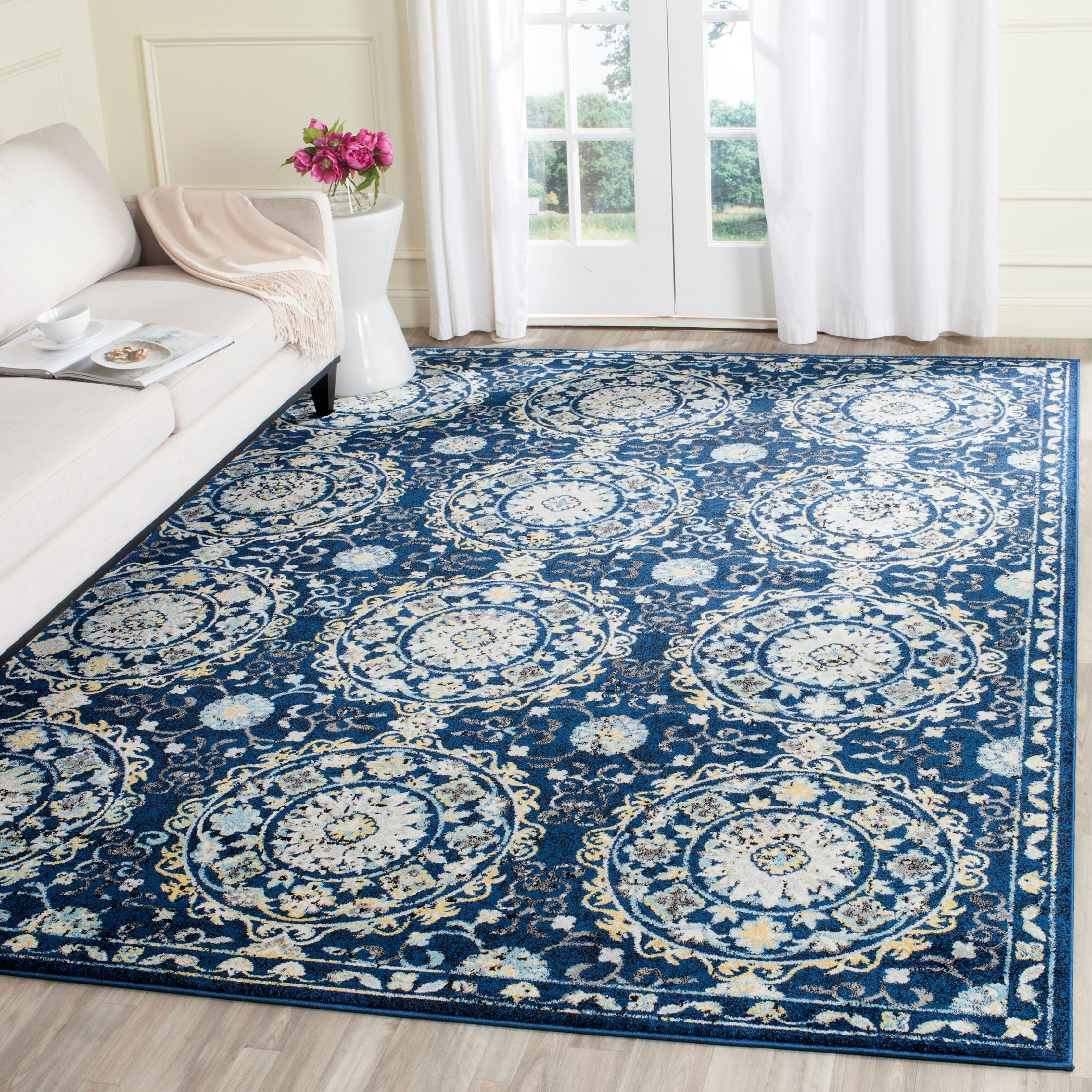 Navy and Ivory Floral Medallion 9' x 12' Area Rug