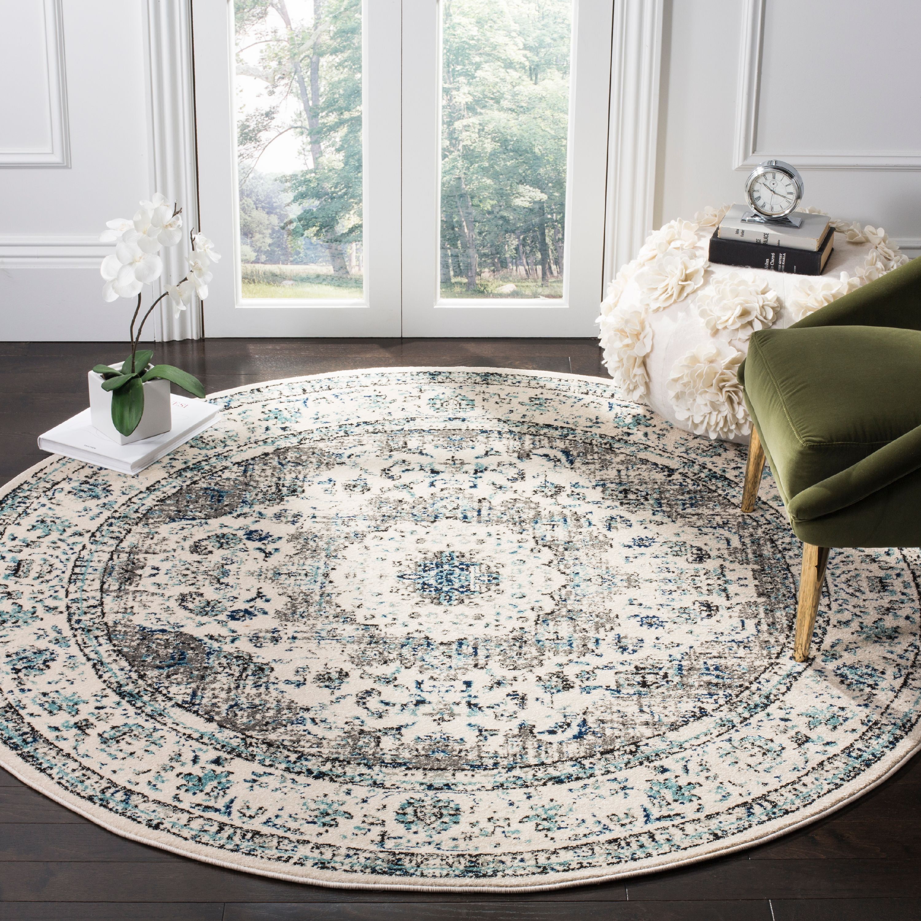 Grey and Ivory Round Floral Synthetic Area Rug, 6'7"