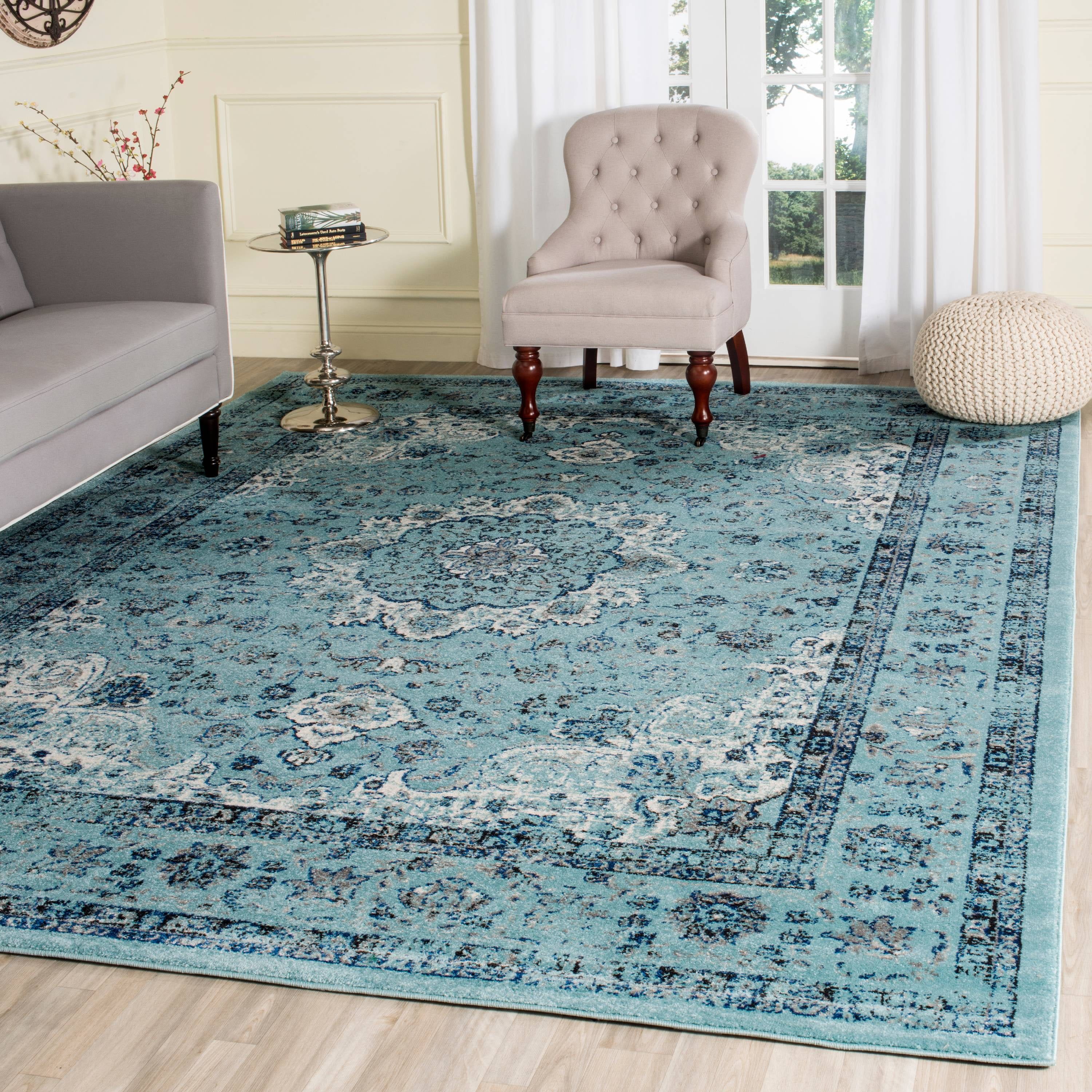 Light Blue Floral Synthetic High Pile Area Rug, 10' x 14'