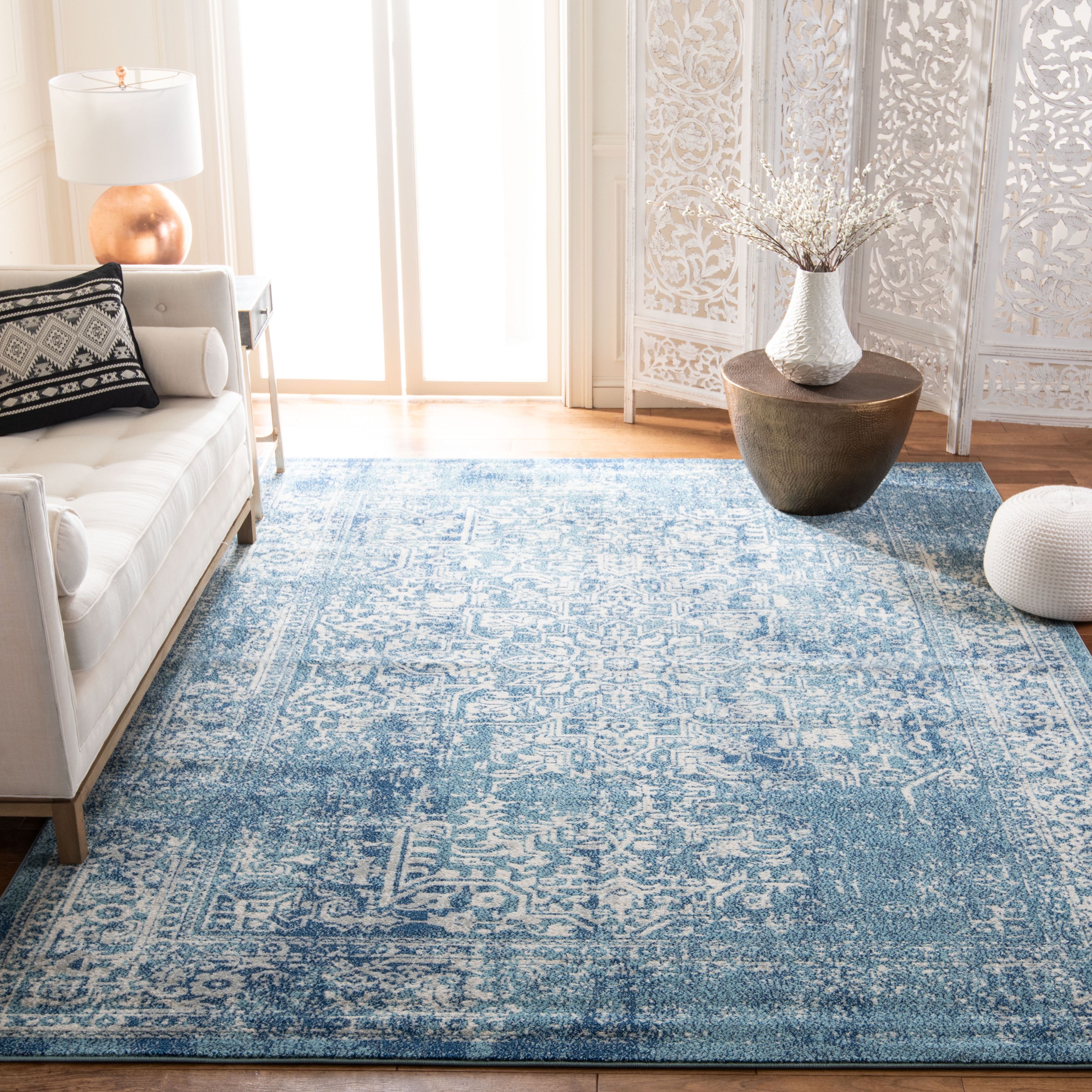 Blue and Ivory Rectangular Synthetic 10' x 14' Reversible Area Rug