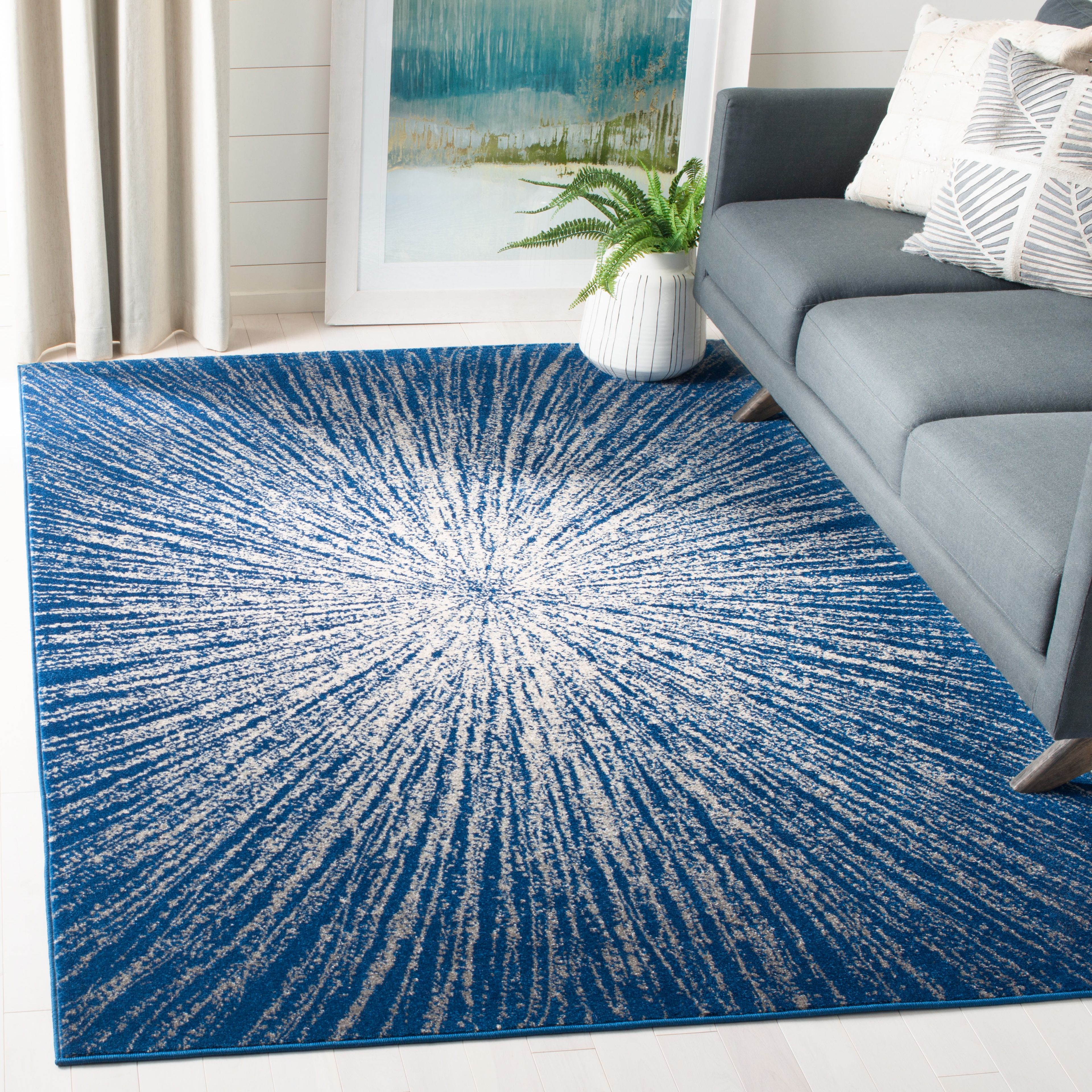 Navy and Ivory Synthetic Abstract Burst Area Rug, 3' x 5'