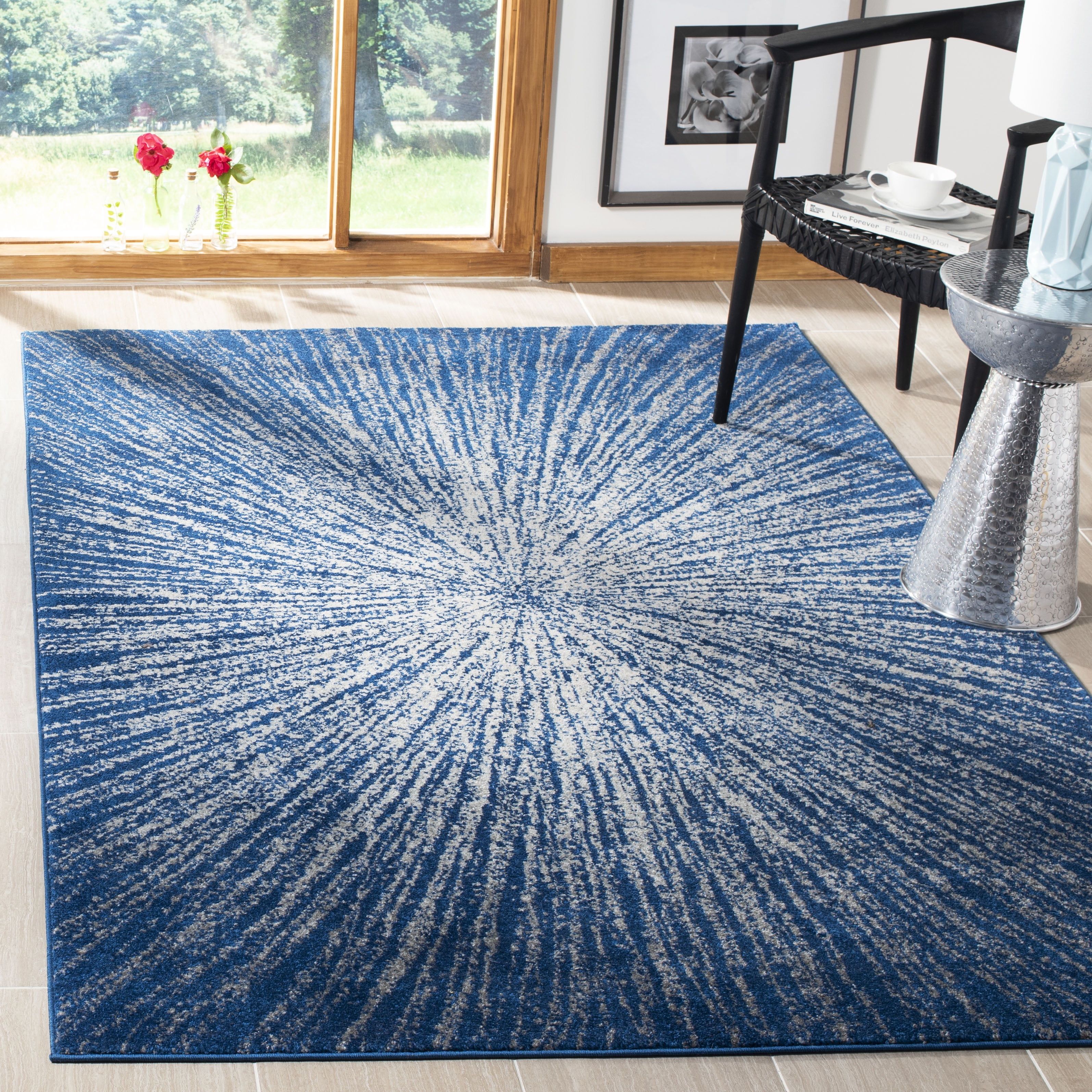 Navy and Ivory Synthetic Square Area Rug, 6'7" x 6'7"