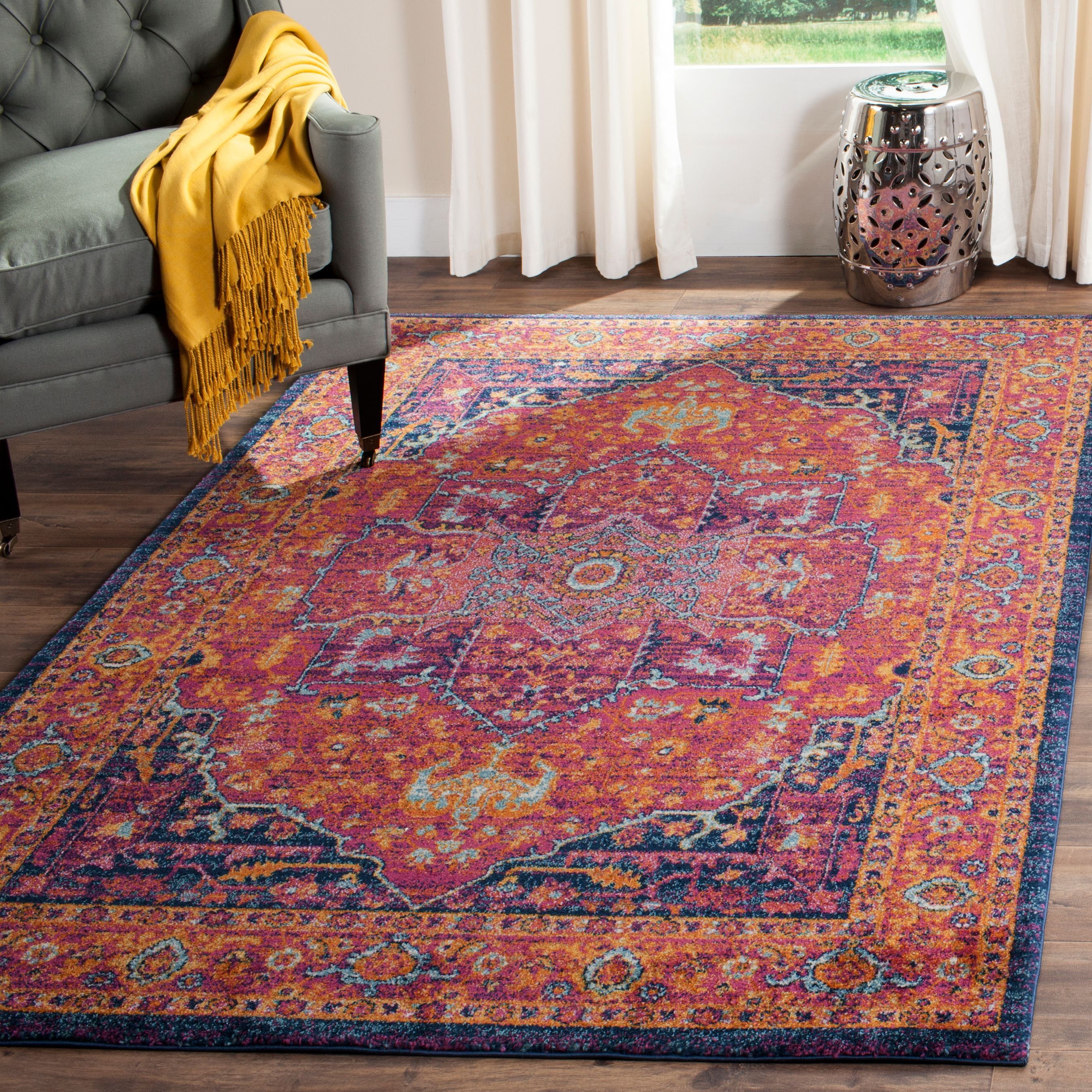 Fuchsia and Orange High Pile Boho-Chic Area Rug