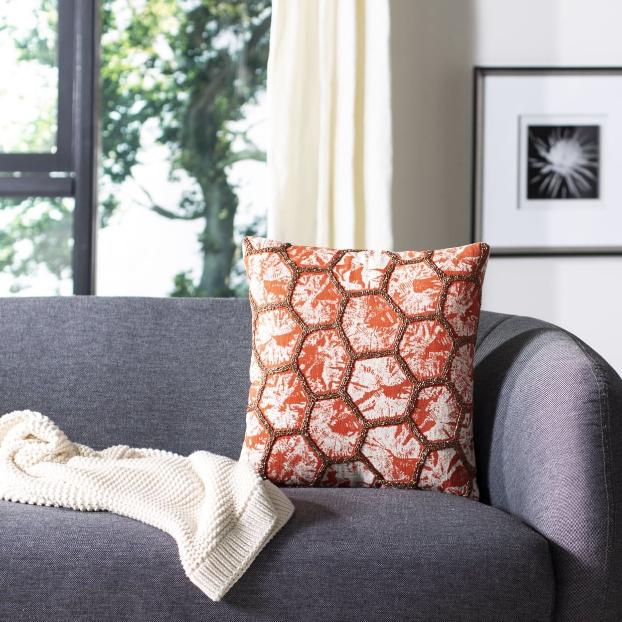 Burnt Orange Geometric Cotton Throw Pillow with Zipper