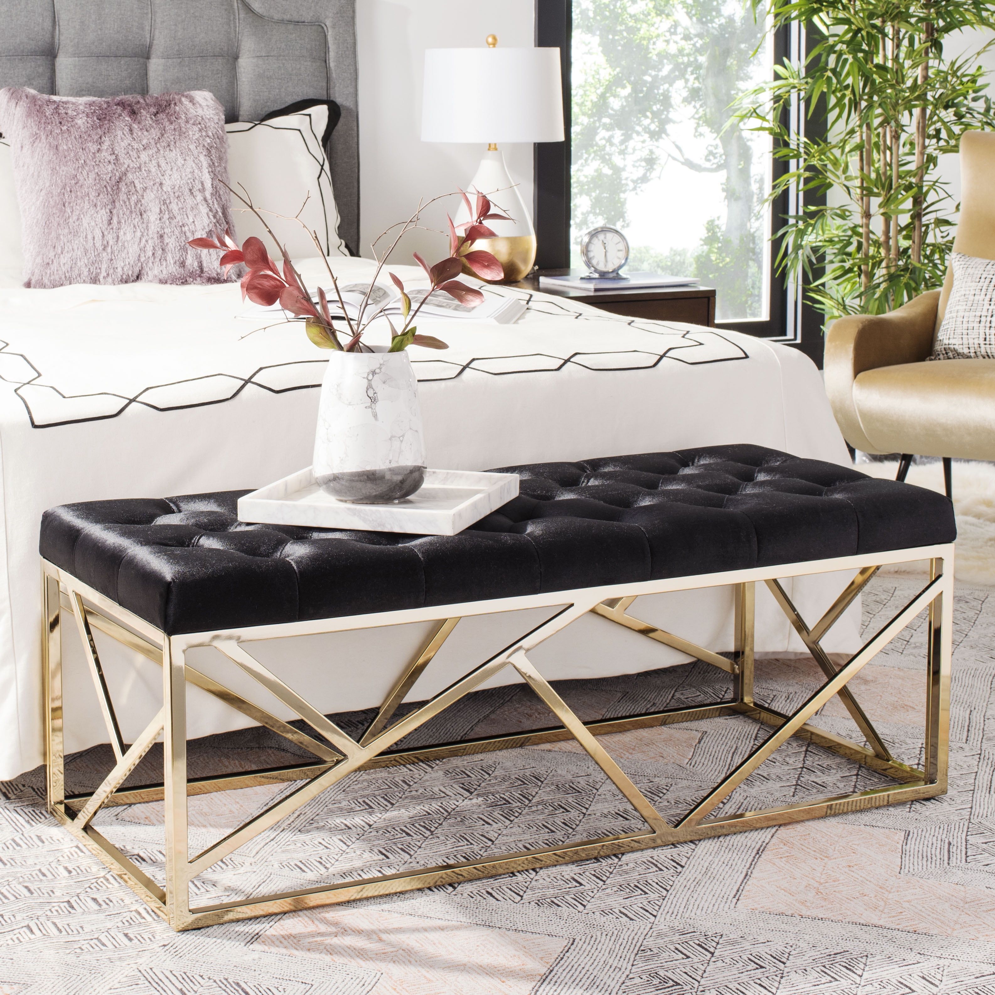 Luxurious Black Velvet and Gold Foil Tufted Rectangular Bench