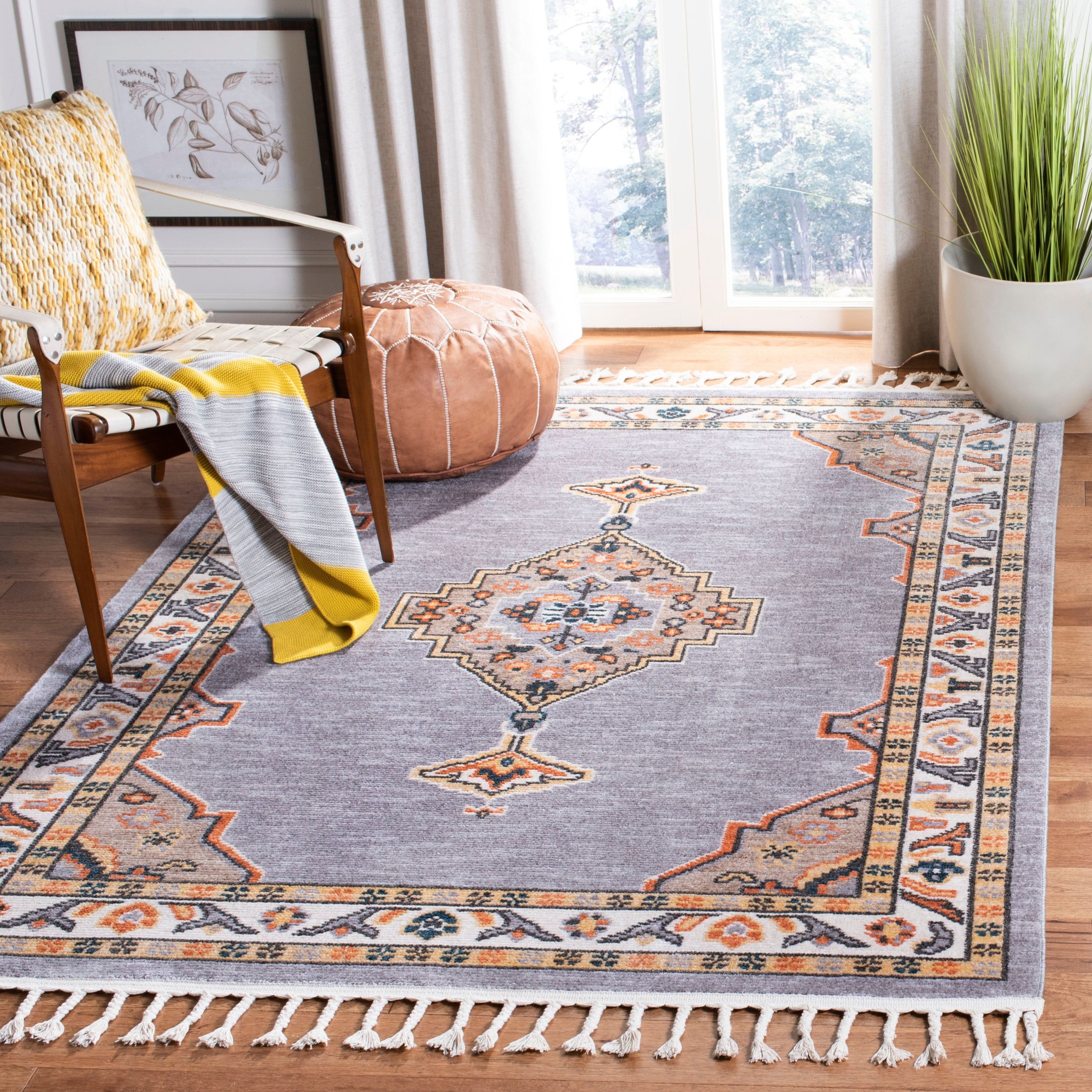 Gray and Orange Medallion Braided Fringe Area Rug