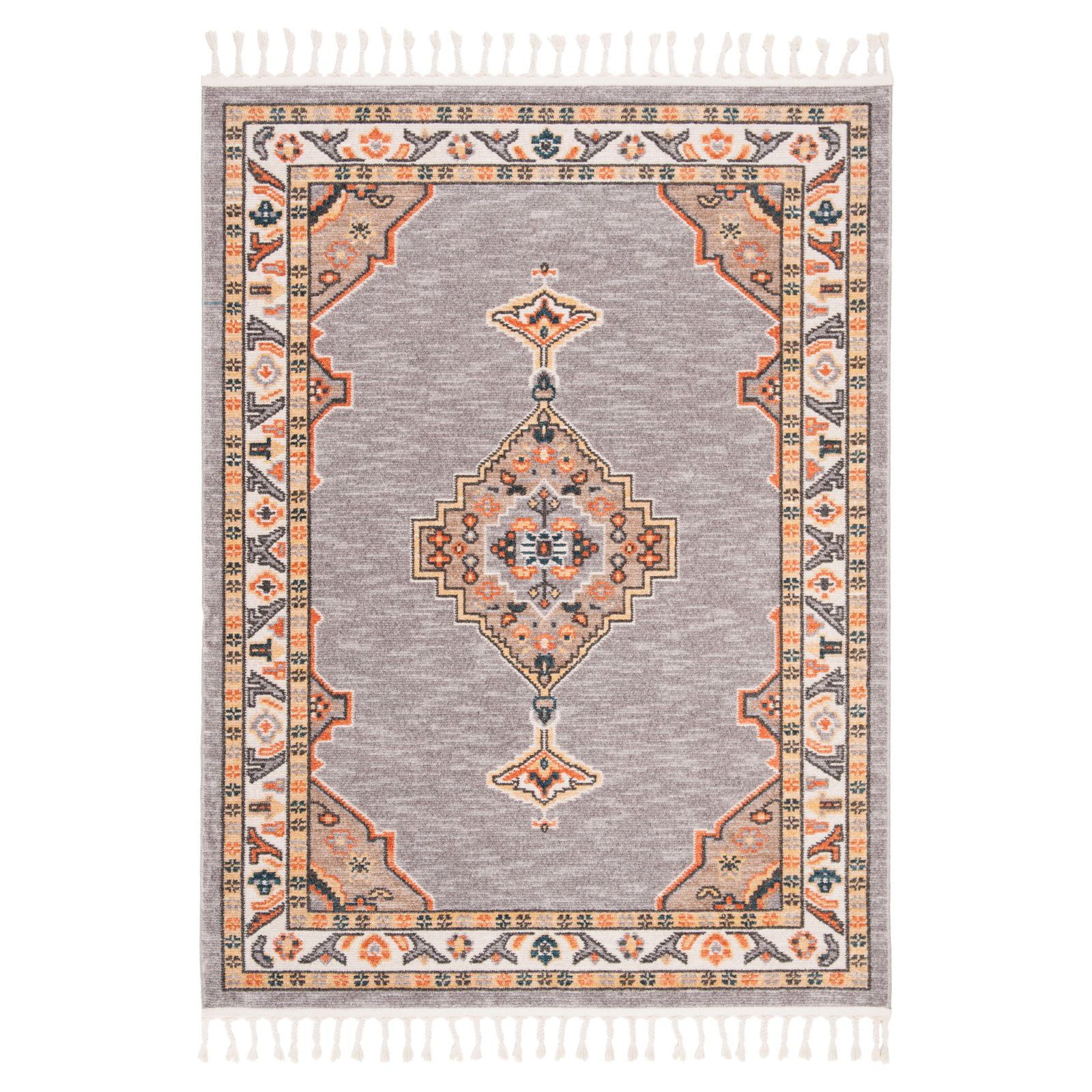 Gray and Orange Medallion Braided Fringe Area Rug