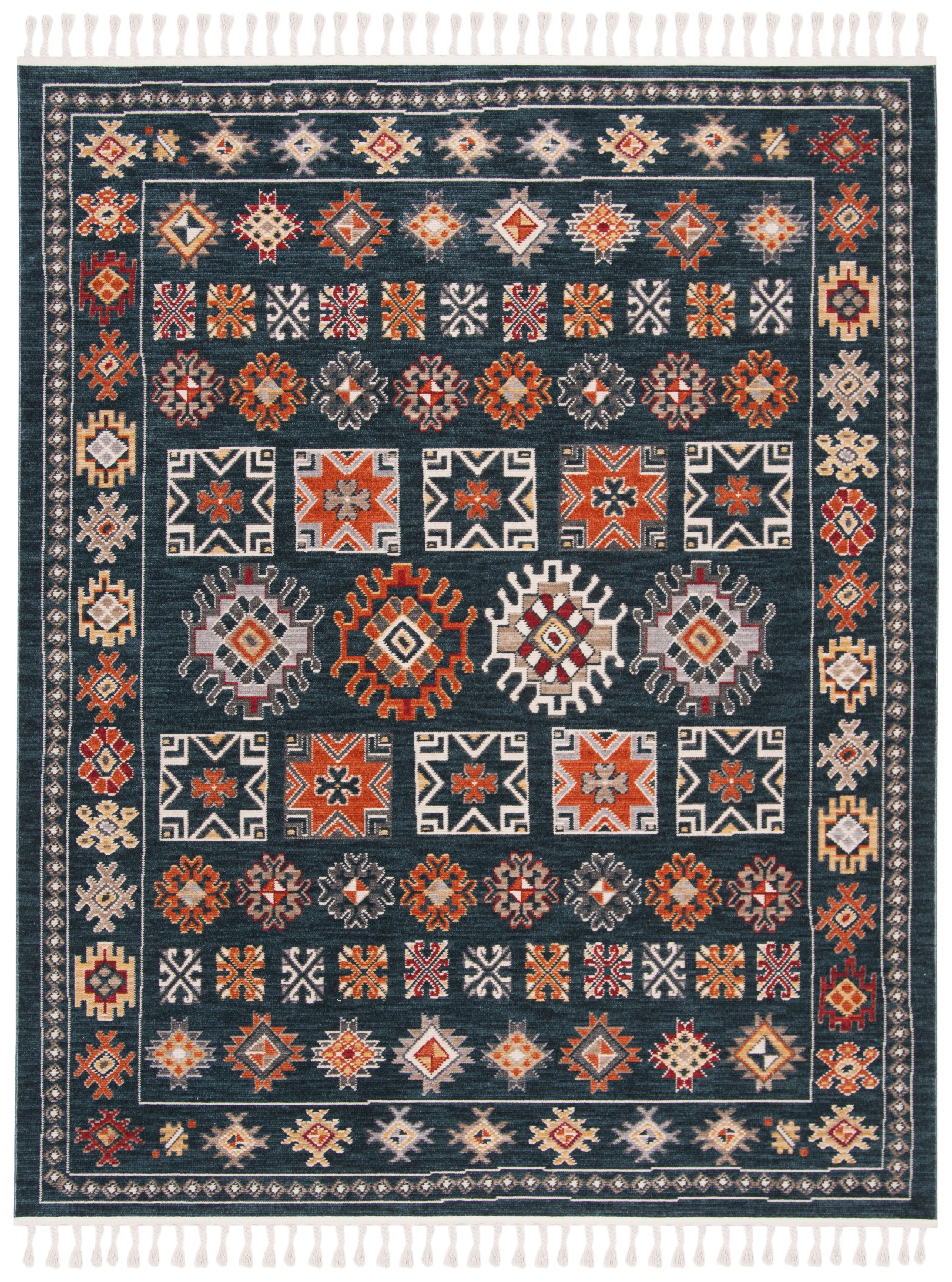 Navy and Orange Medallion Cotton Synthetic 8' x 10' Rug