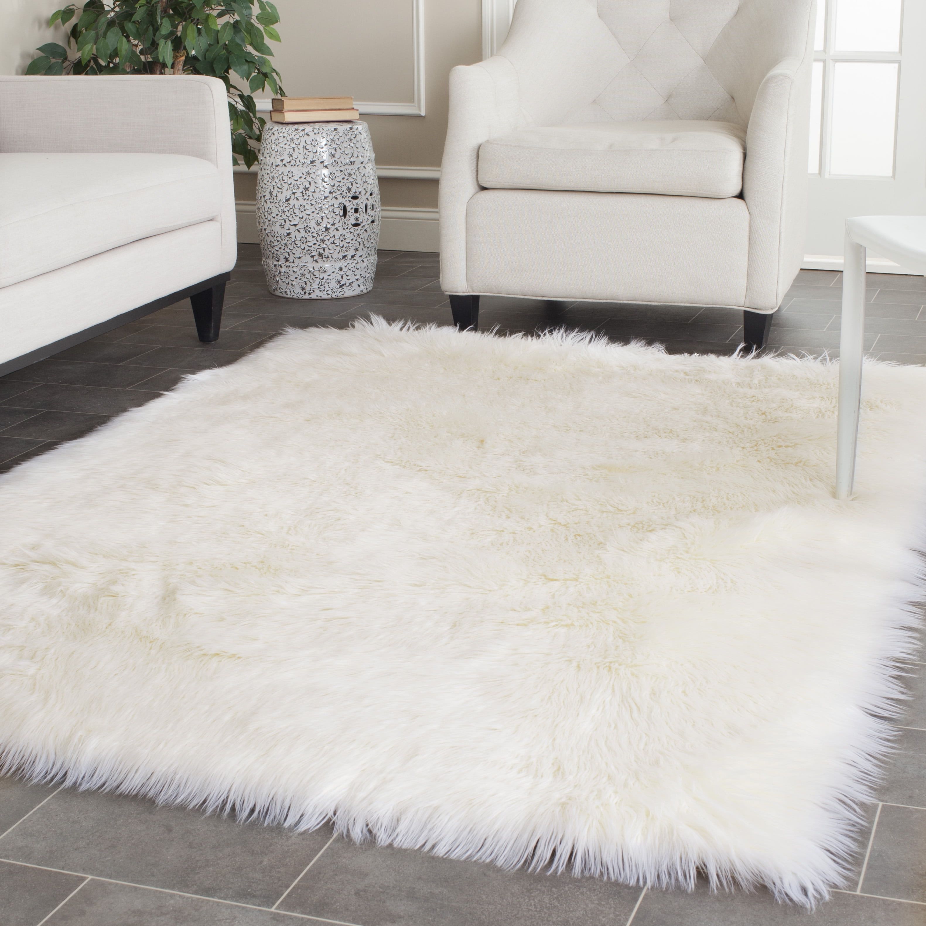 Ivory Faux Sheepskin Plush Round Cotton Area Rug