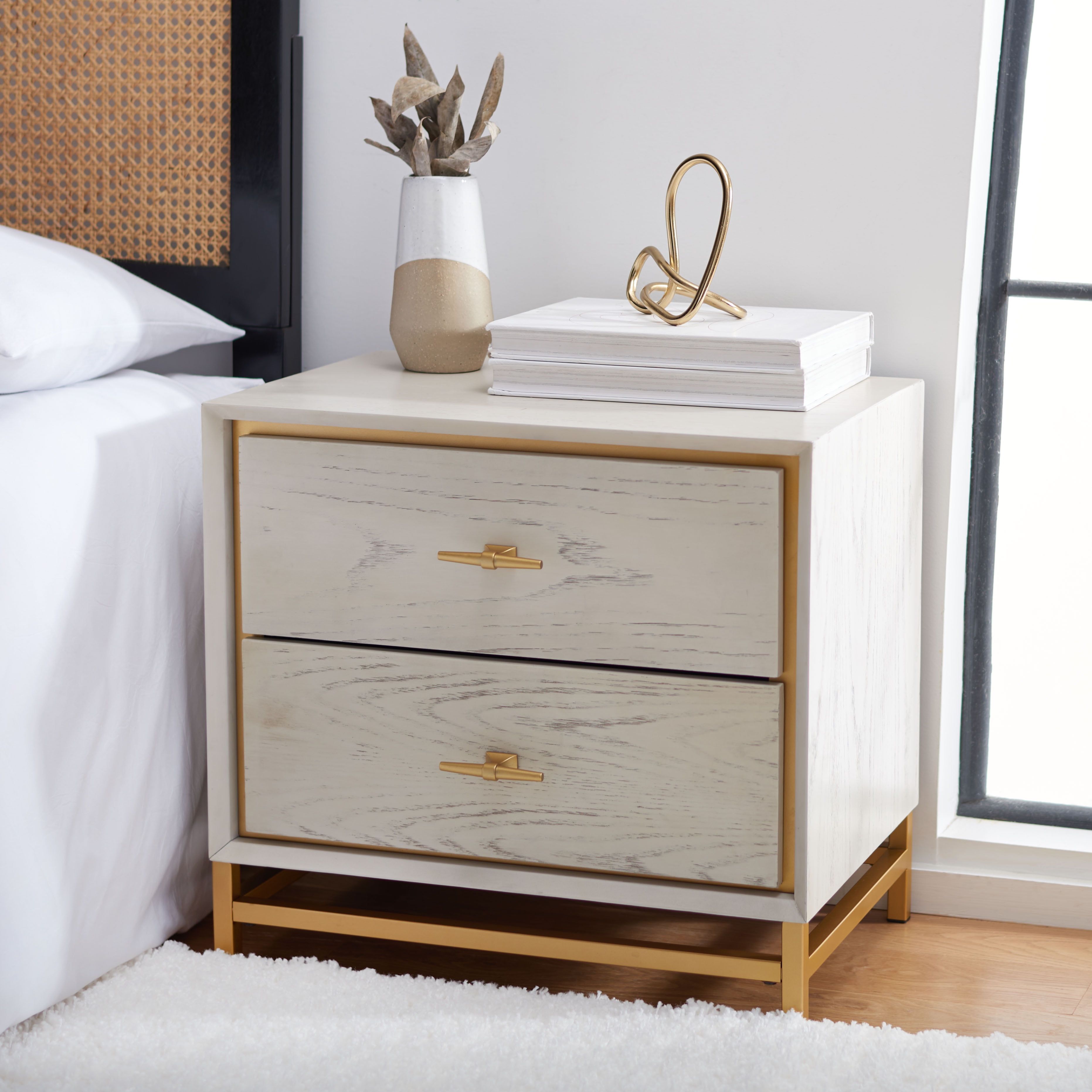 Spellbinding White Washed & Brass 2-Drawer Nightstand