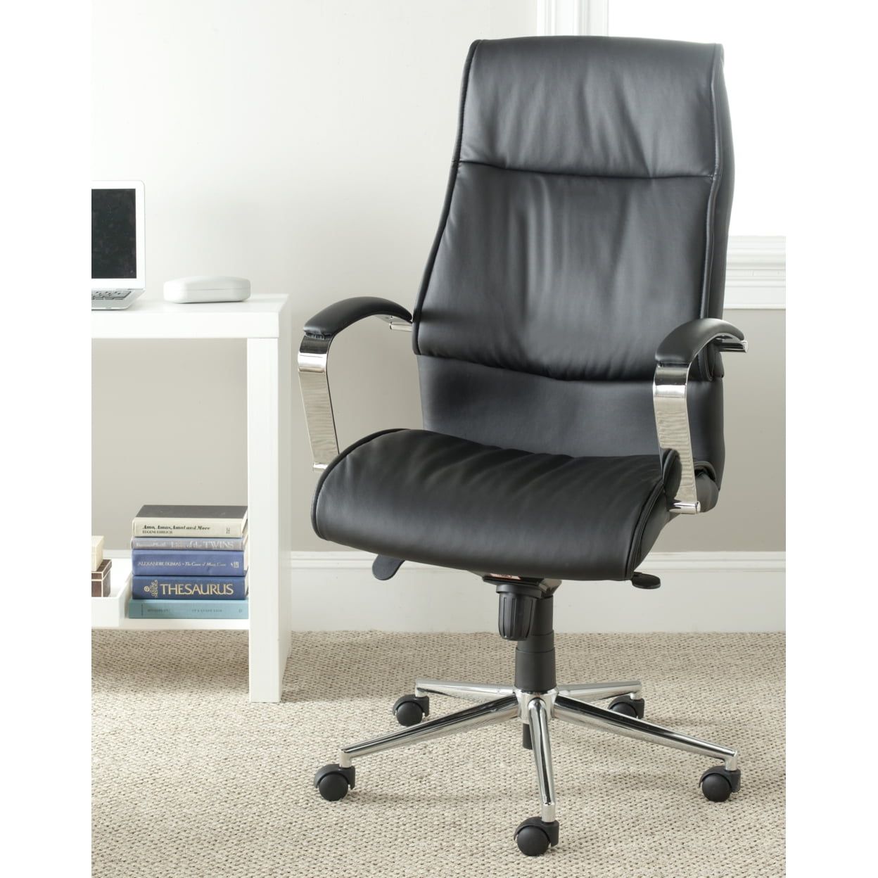 Transitional High Back Black Leather Desk Chair with Metal & Wood Accents