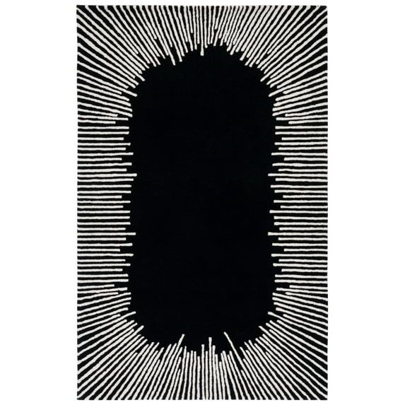 Black and Ivory Geometric Wool Tufted Area Rug, 6' x 9'