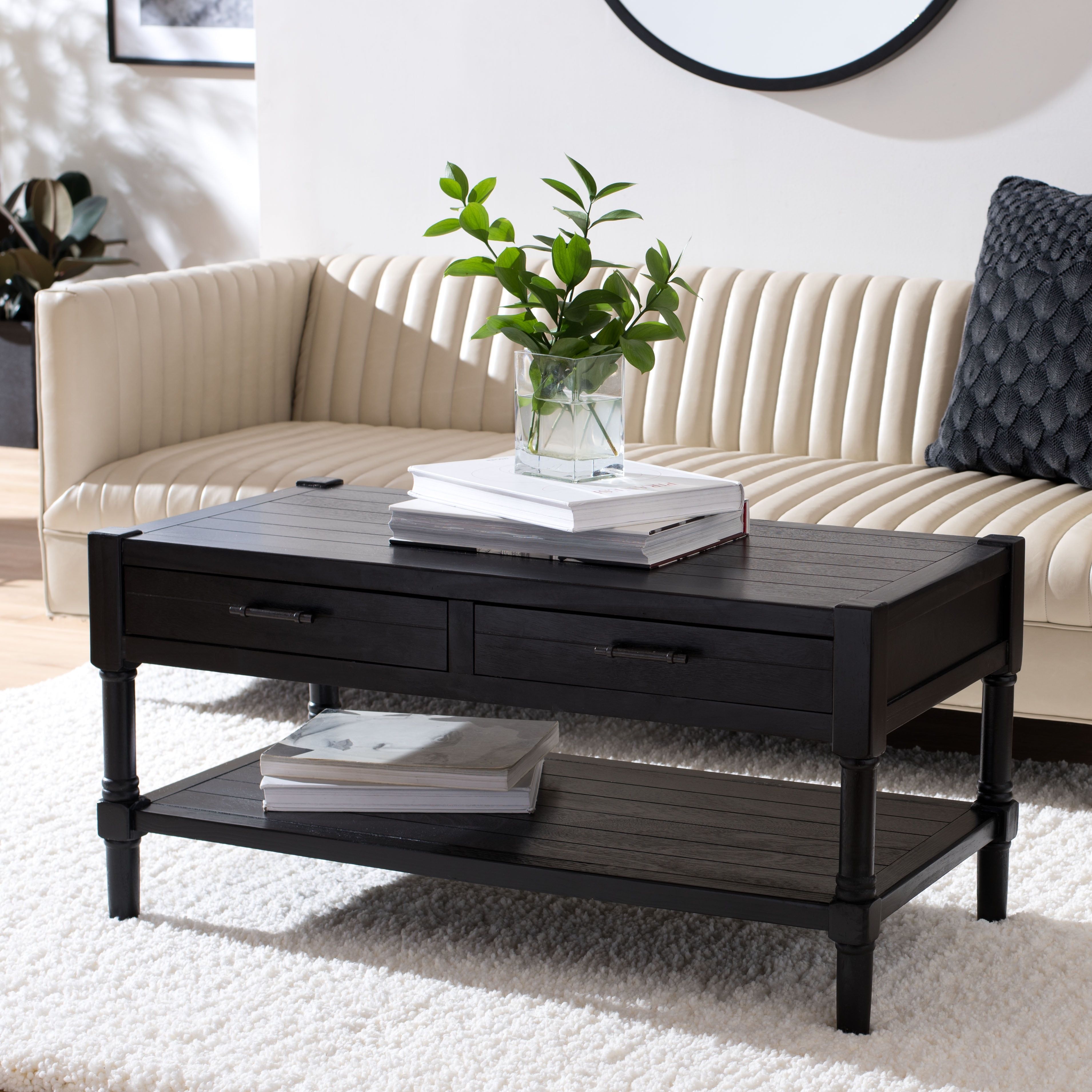 Sleek Black Rectangular Coffee Table with Dual Storage Drawers