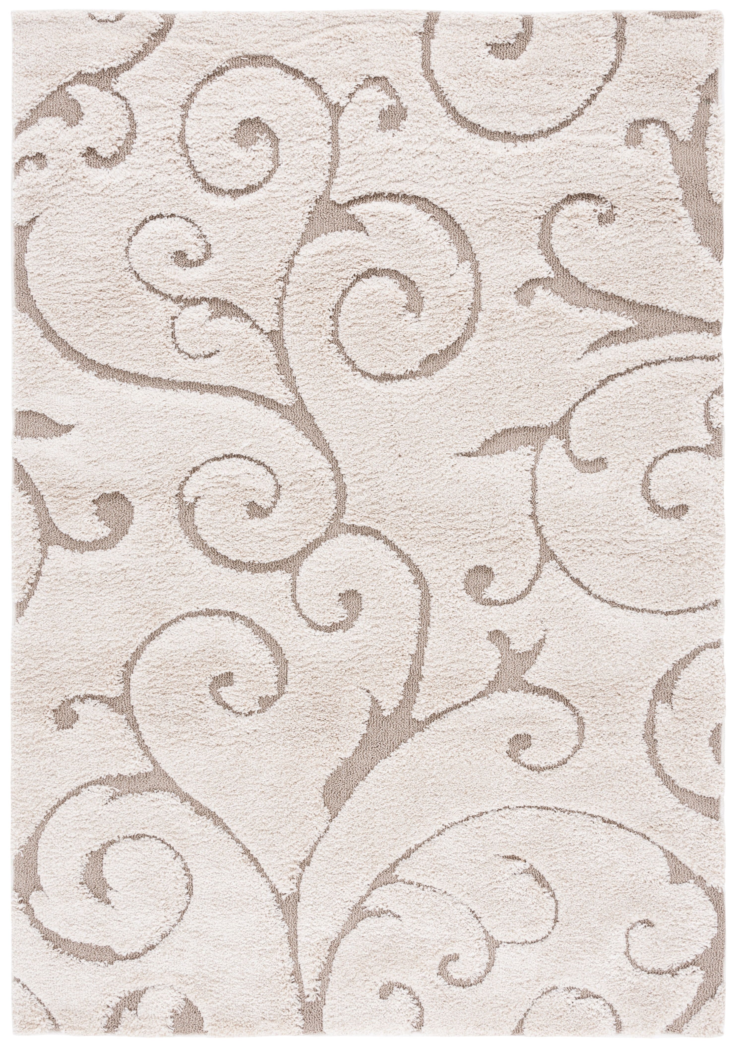 Elegant Cream/Beige Floral Vine Shag Rug, 6' x 9', Synthetic Easy Care