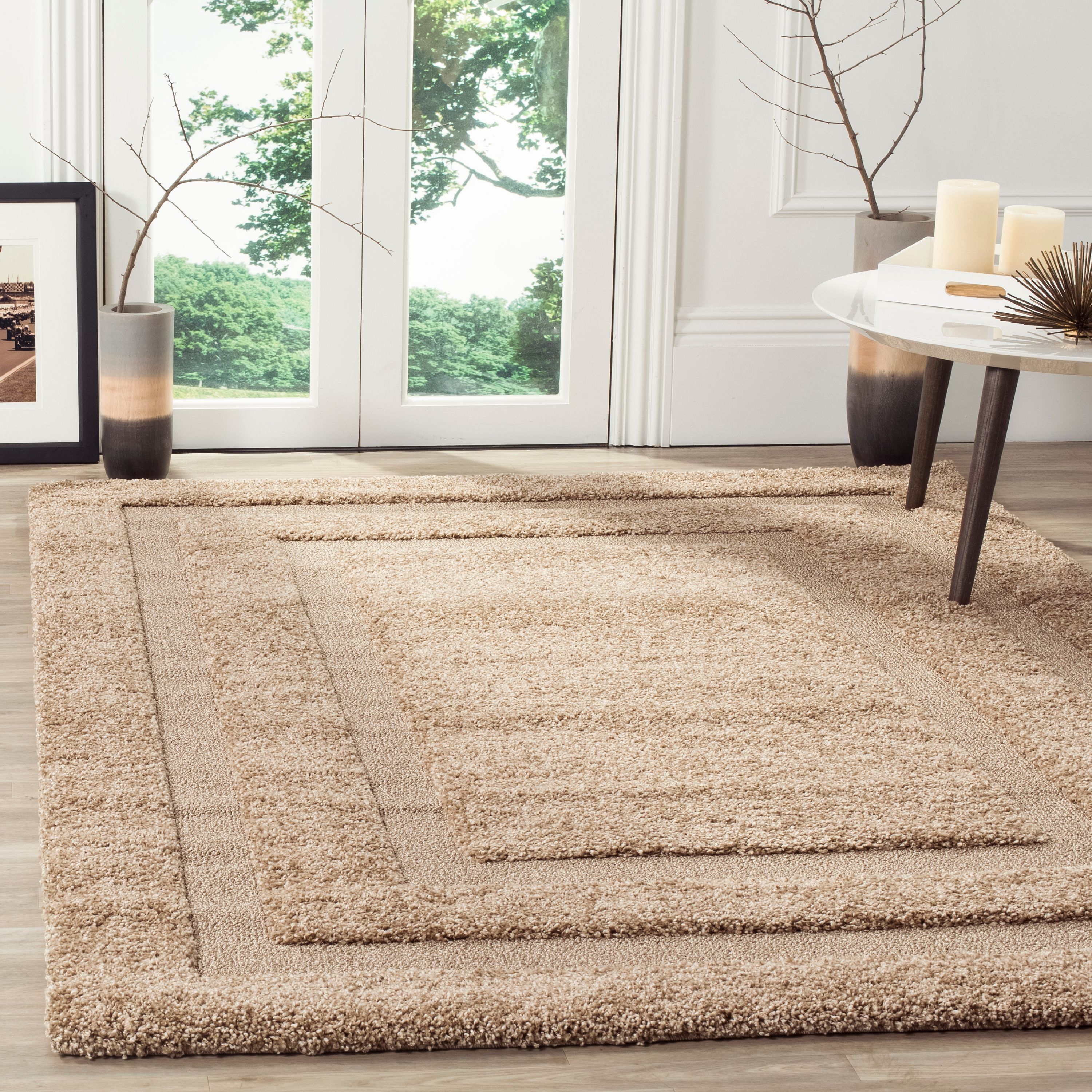 Beige Tufted Square Shag Rug with Non-slip Backing