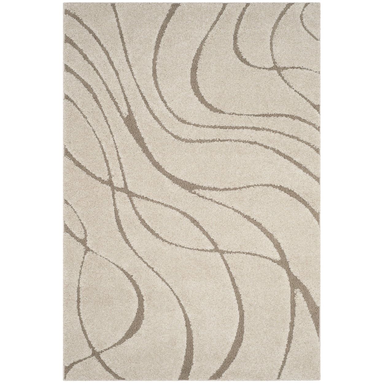 Cream and Beige Square Shag Rug with Abstract Design, 6'7"