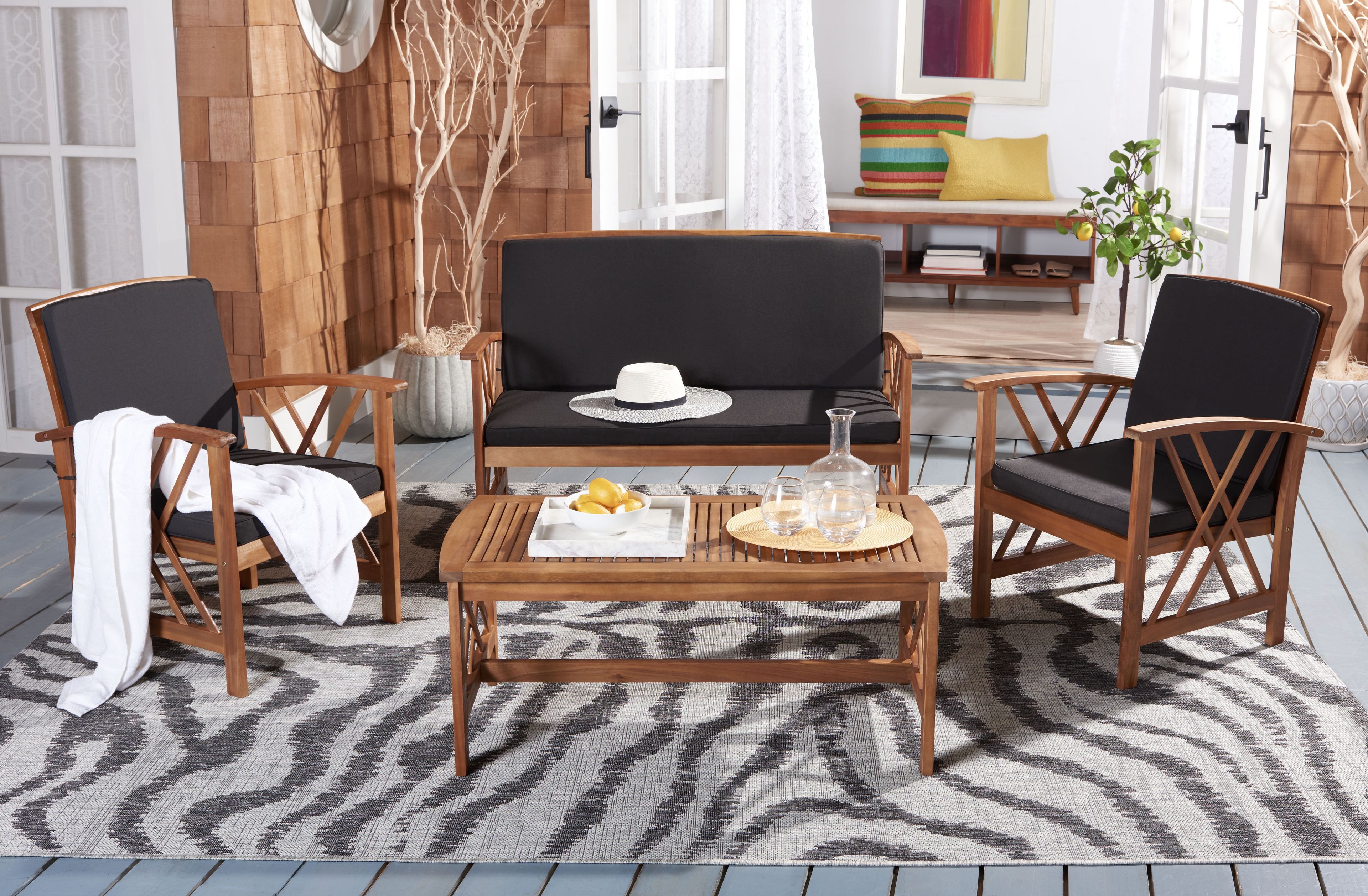 Fontana Natural Acacia Wood 4-Piece Outdoor Set with Black Cushions