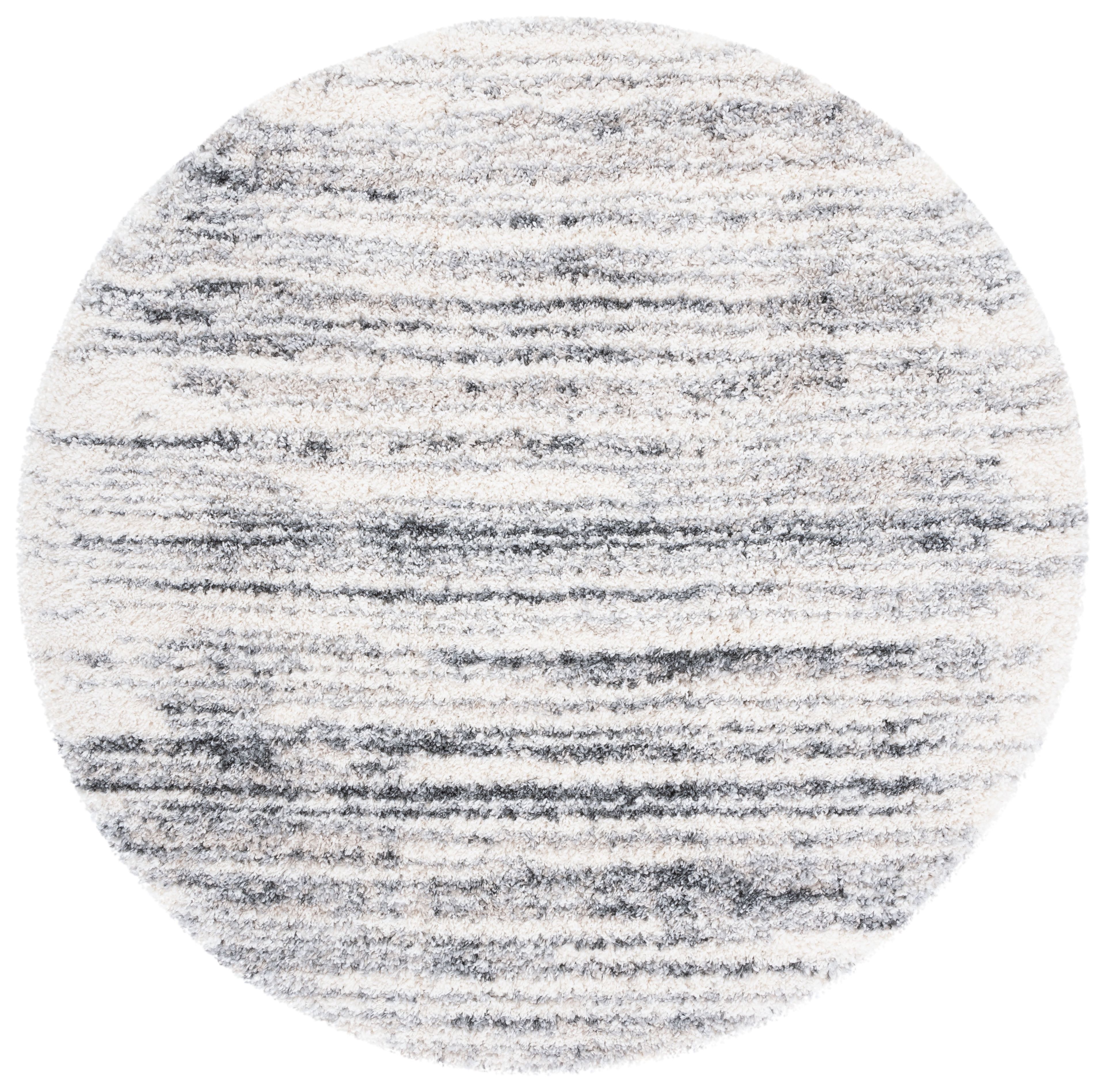 Ivory and Grey Round Shag Rug, 10' Synthetic