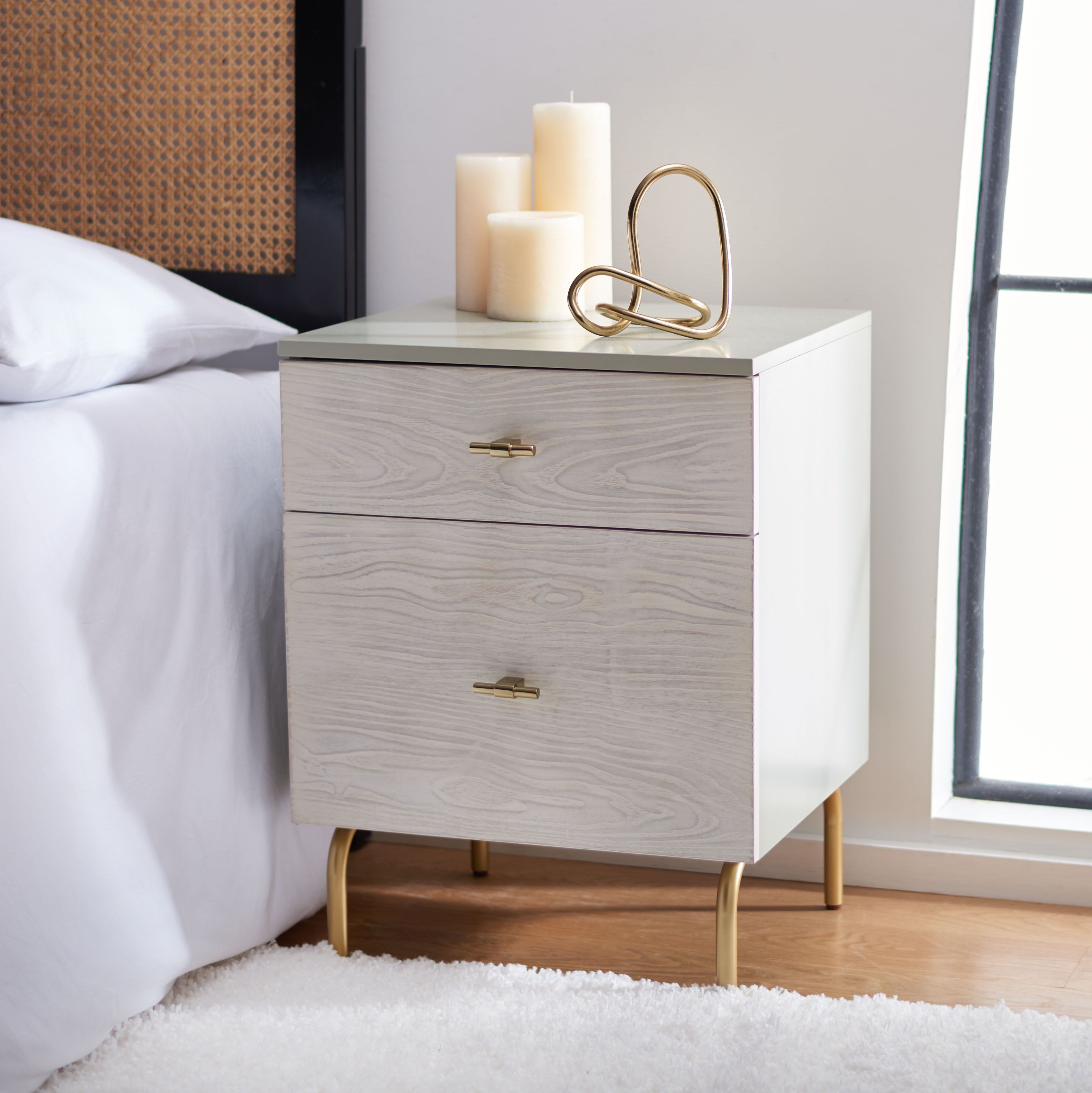 Genevieve Grey Mahogany 2-Drawer Nightstand with Gold Trim