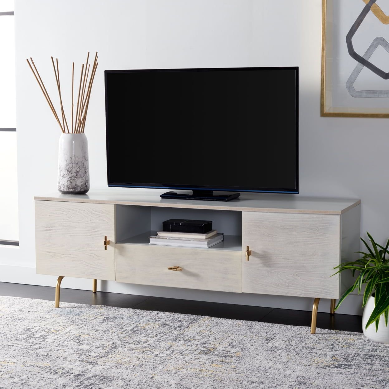 Grey and White Washed Mahogany Media Stand with Cabinet