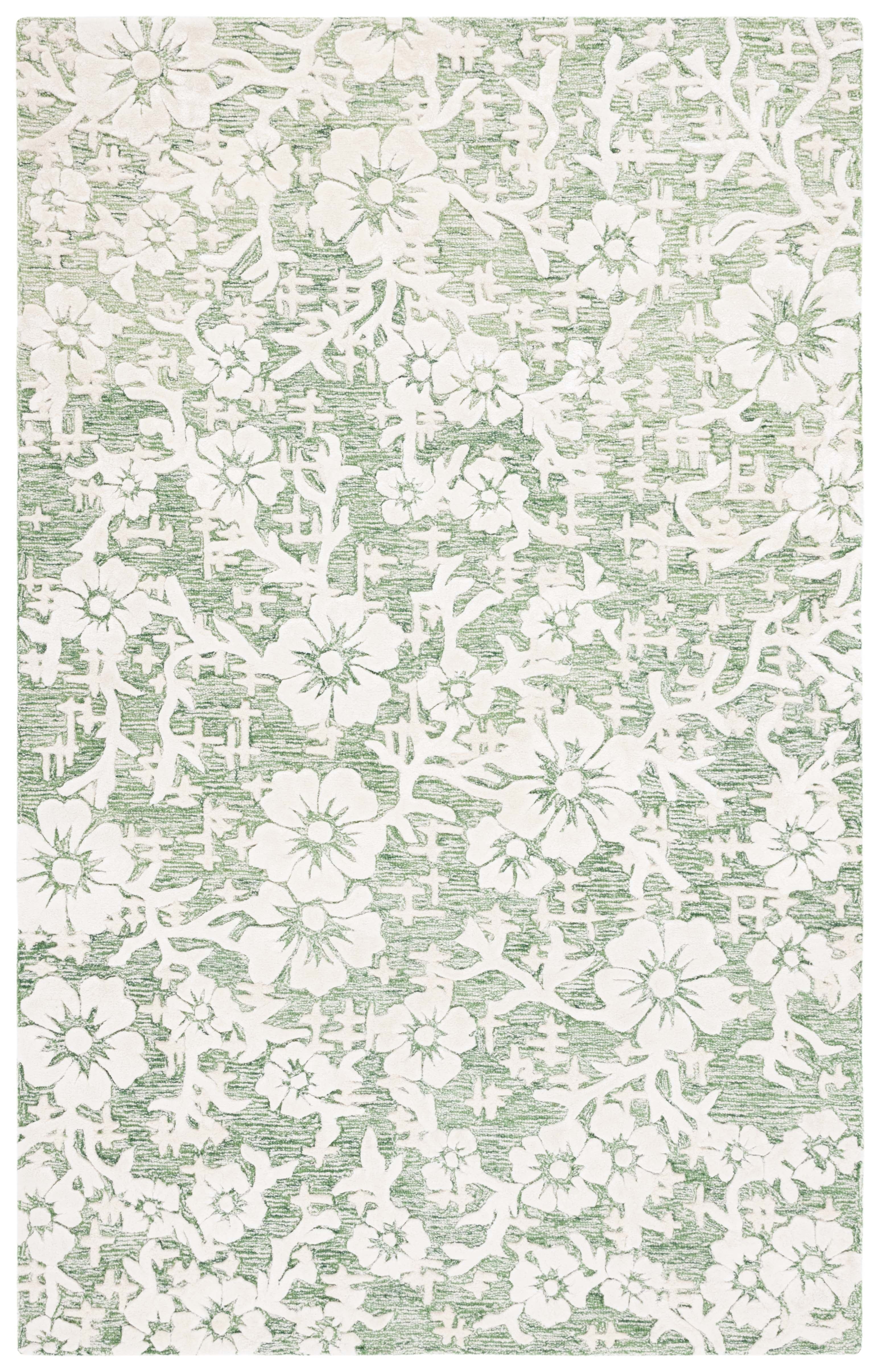 Green and Ivory Hand-Tufted Wool and Viscose 5' x 8' Area Rug