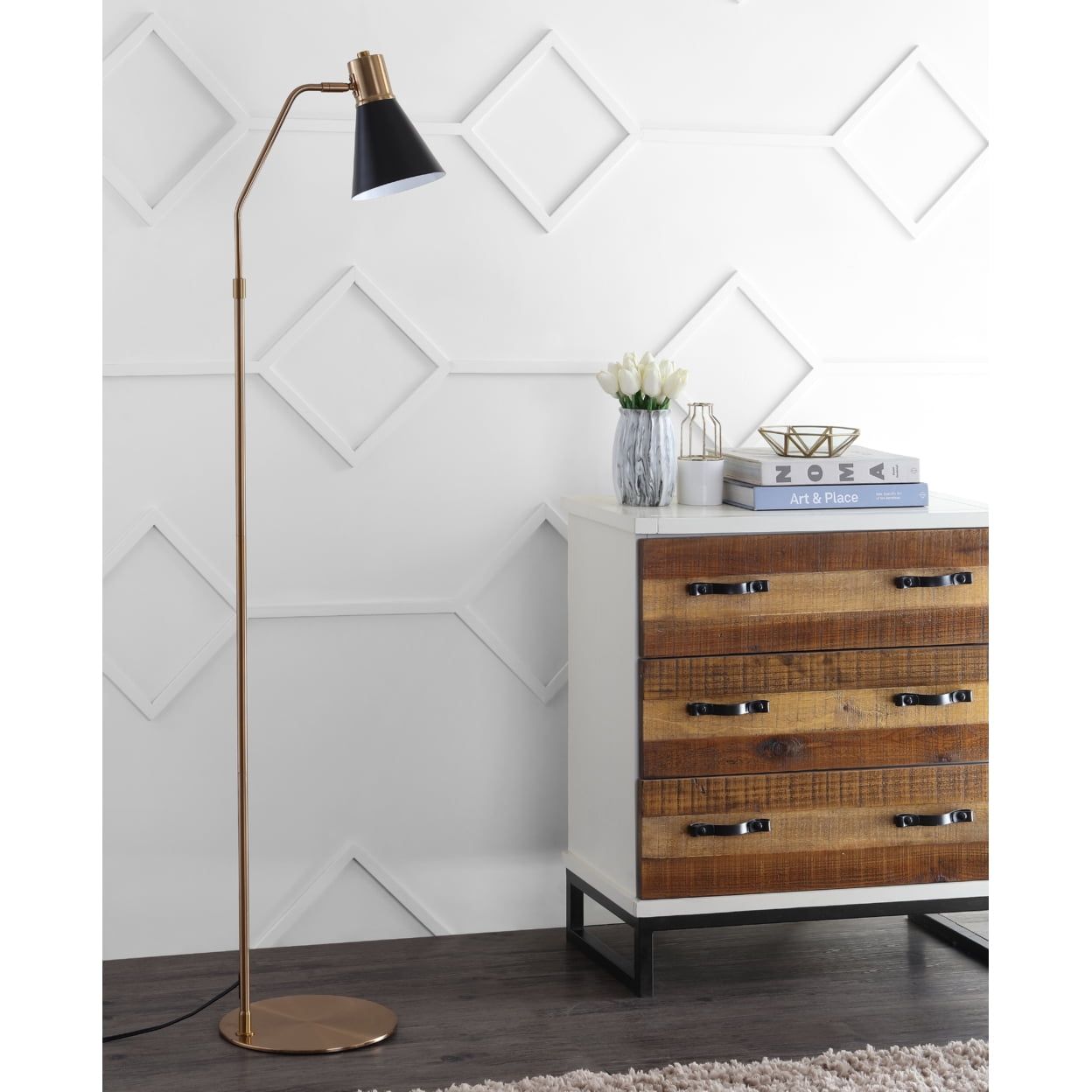 Grania 60'' Black and Brass Gold Arc Floor Lamp