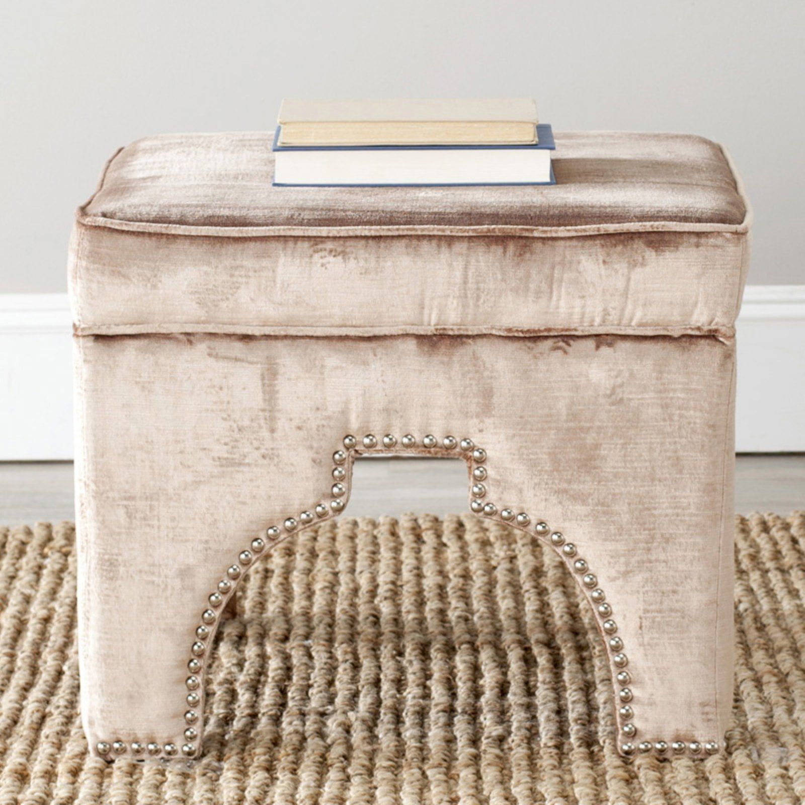 Transitional Mink Brown Ottoman with Silver Nail Head Accents