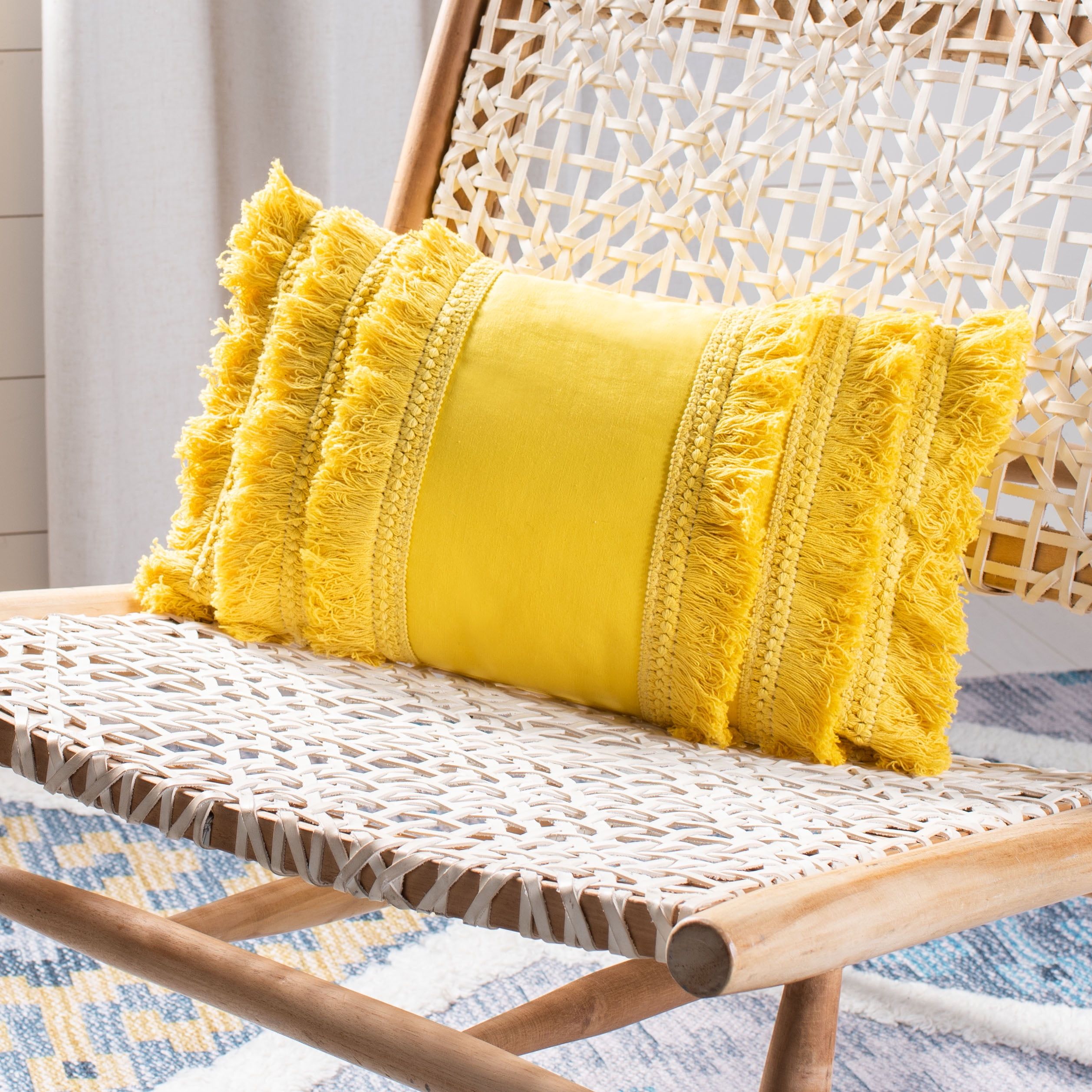 Lemon Yellow Frayed Cotton Boho Throw Pillow