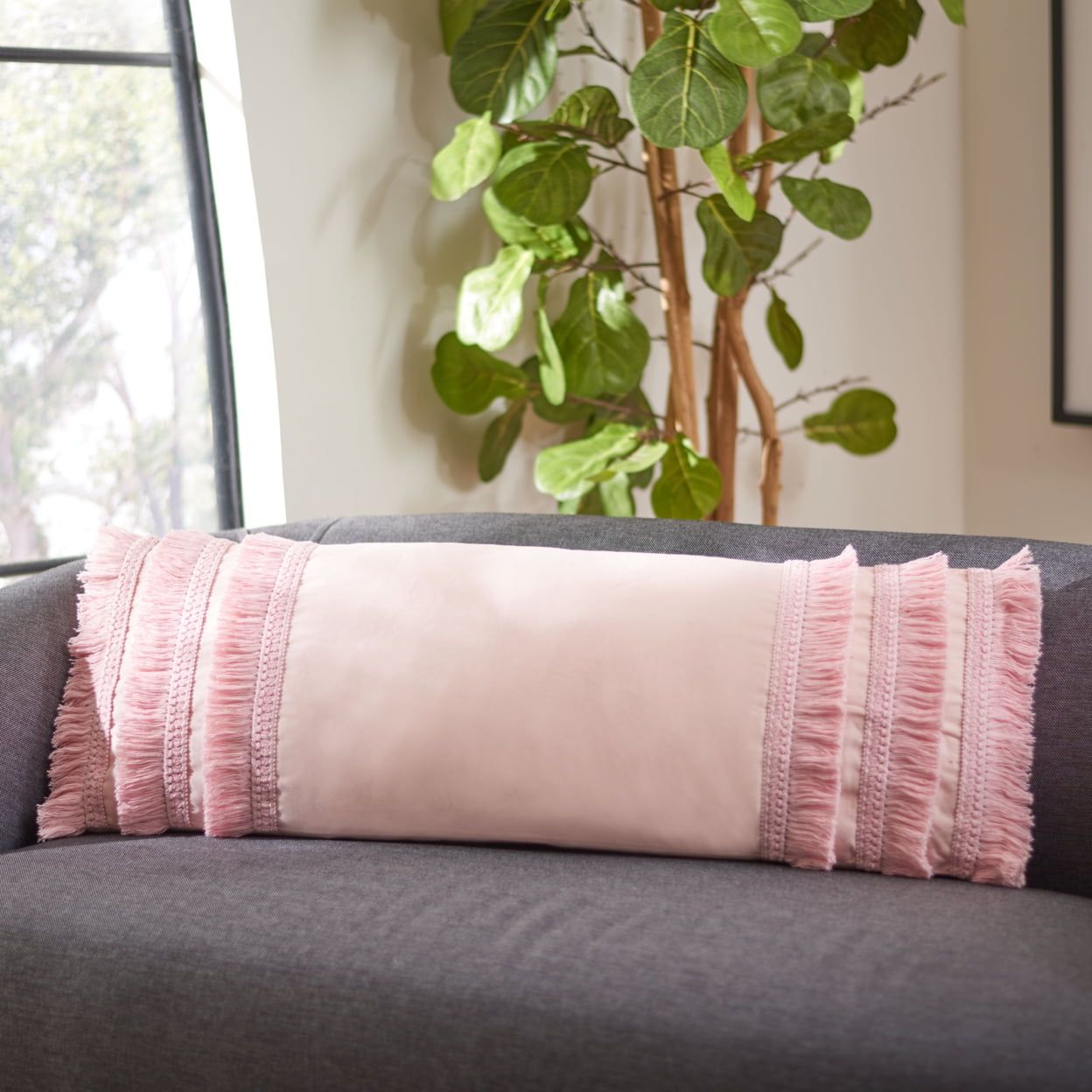 Grema Pink Cotton Fringe Lumbar Pillow 12" x 36"