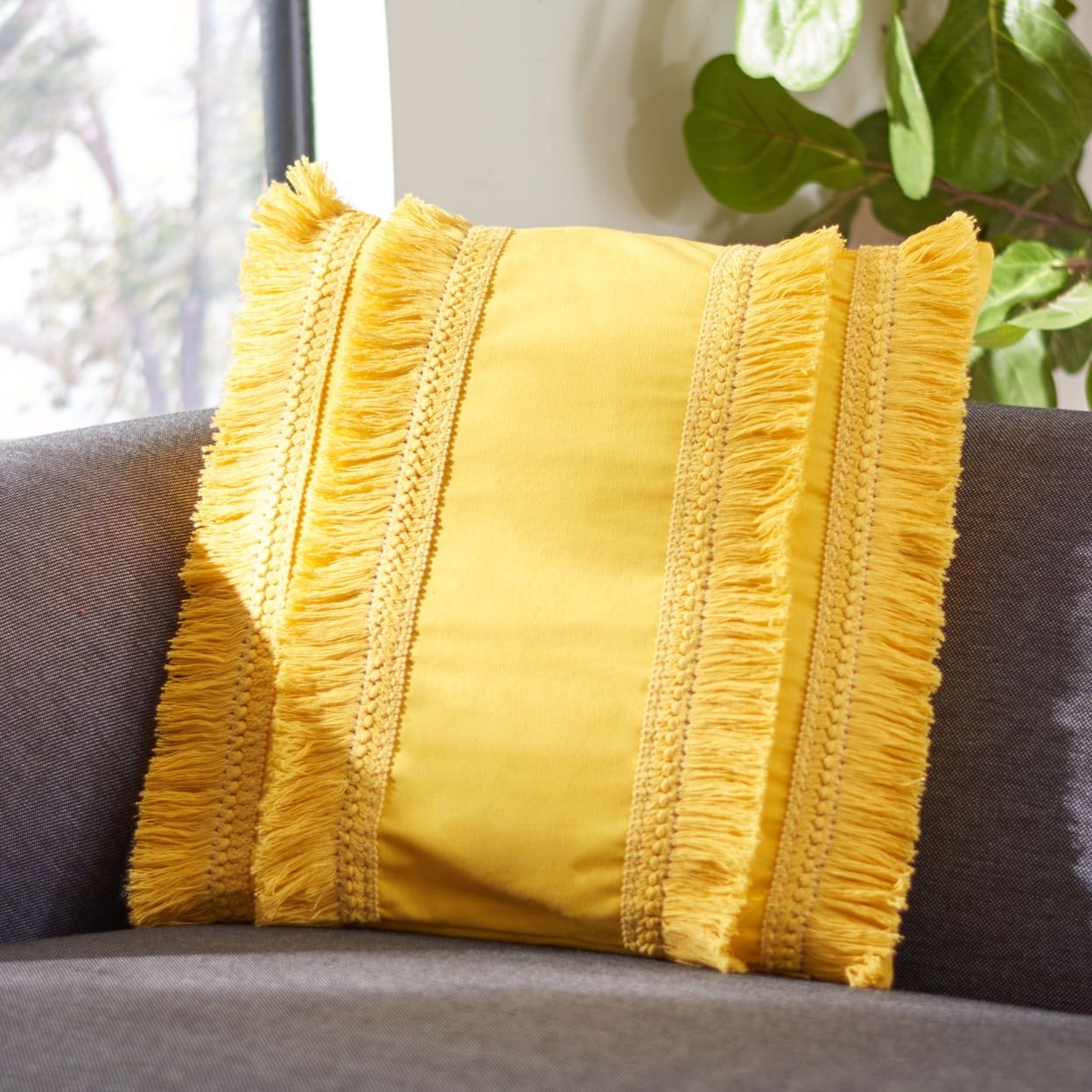 Canary Yellow Cotton Bohemian Rectangular Accent Pillow