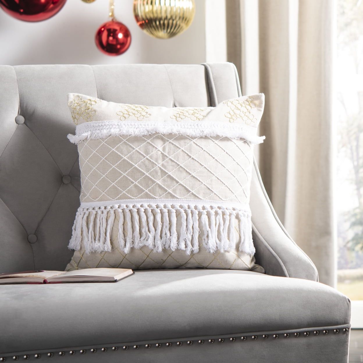 Beige and White Embroidered Square Pillow with Tassels