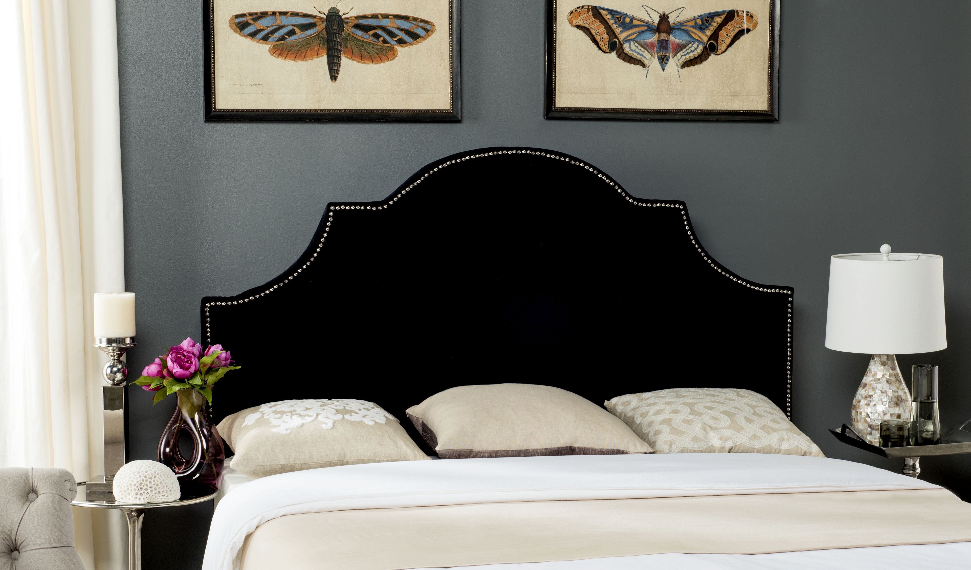 Savoy-Inspired Black Velvet Upholstered Full Headboard with Silver Nailhead