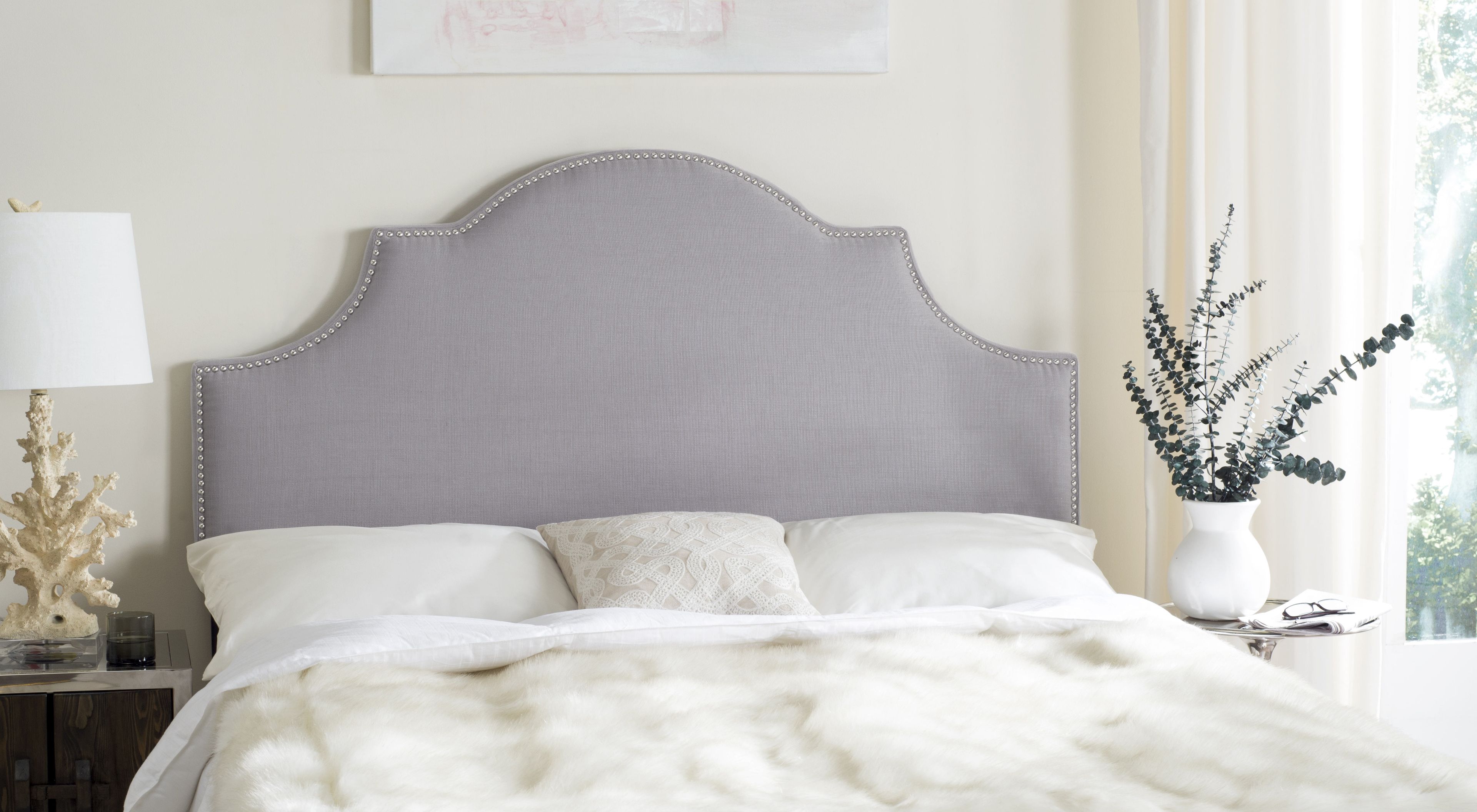 Arctic Grey Queen Upholstered Headboard with Silver Nail Heads