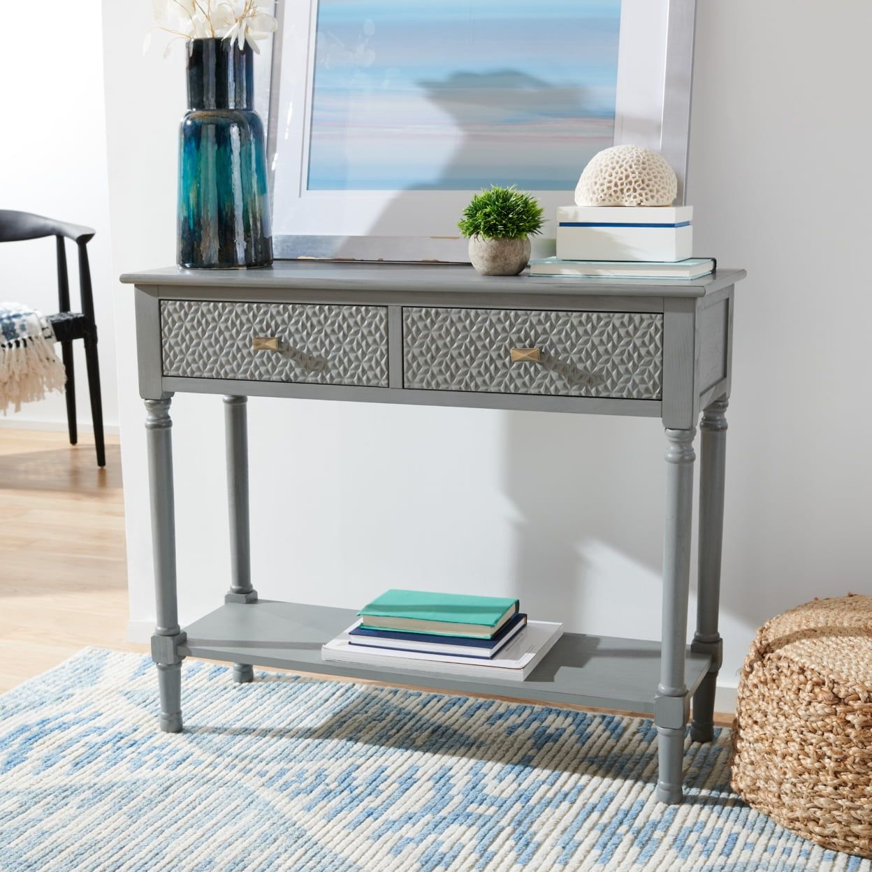 Distressed Gray Wood and Metal Console Table with Storage