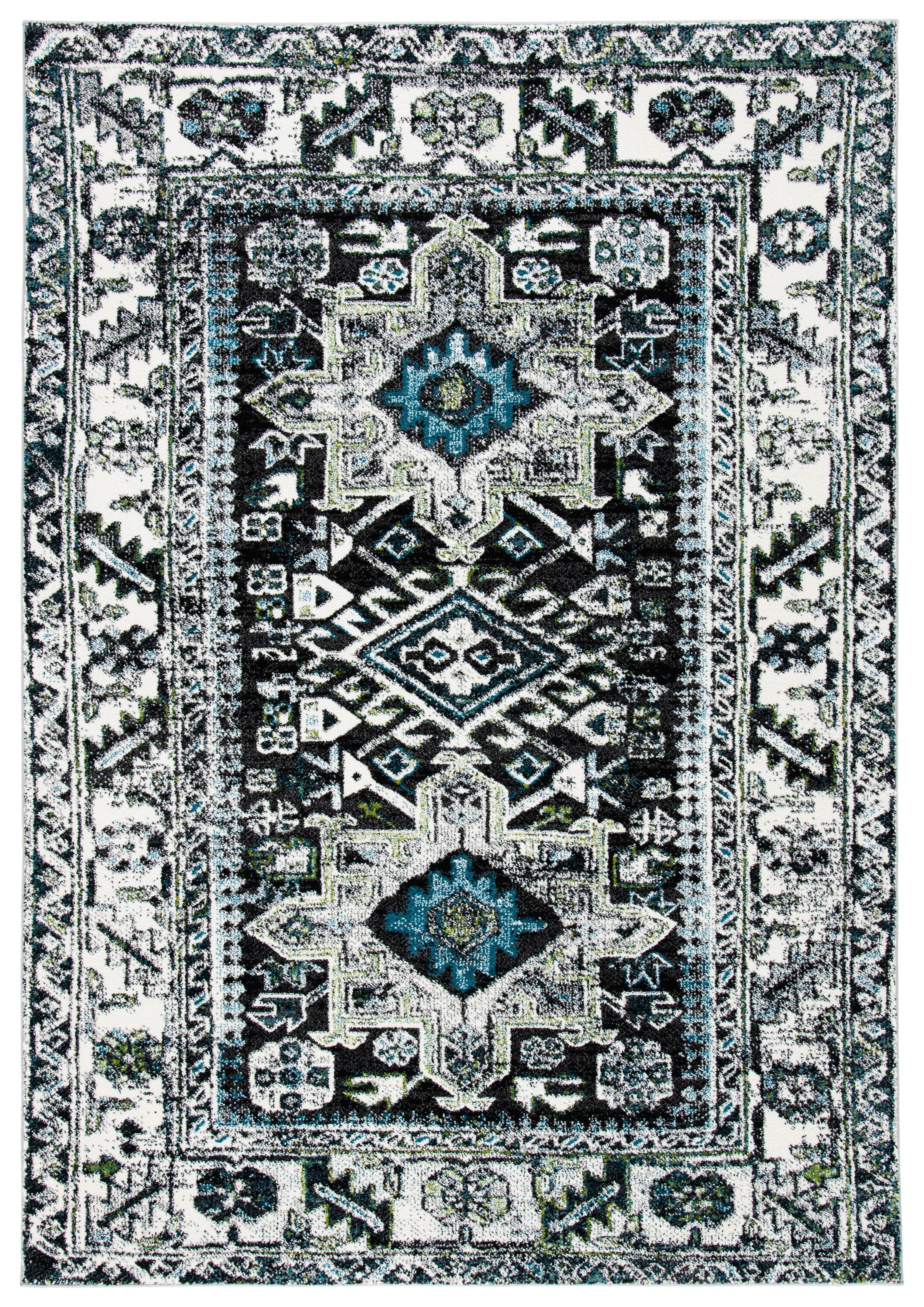 Dark Grey and Ivory Round Oriental Synthetic Area Rug