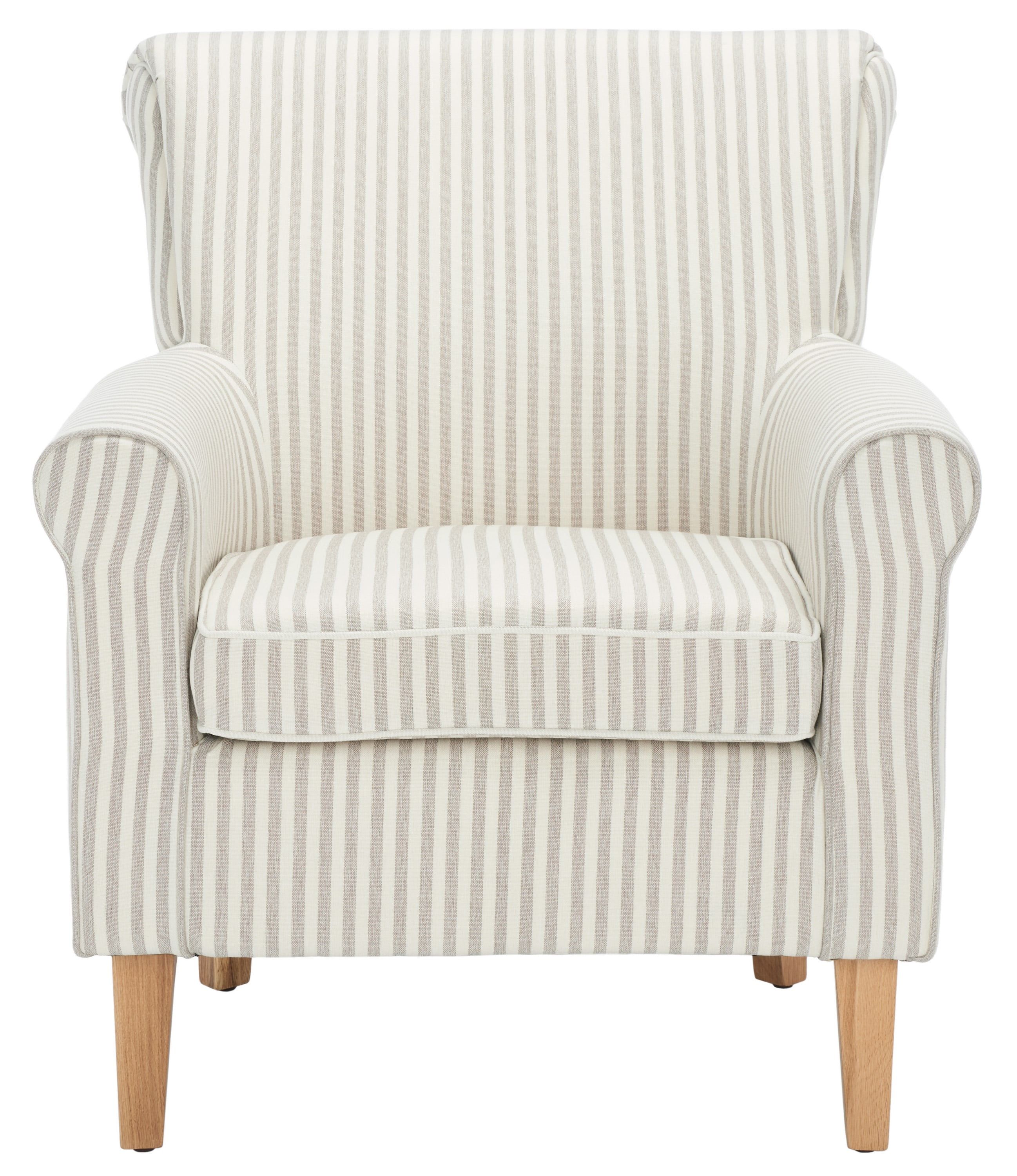 Beige Stripe Modern Classic Wood Accent Chair