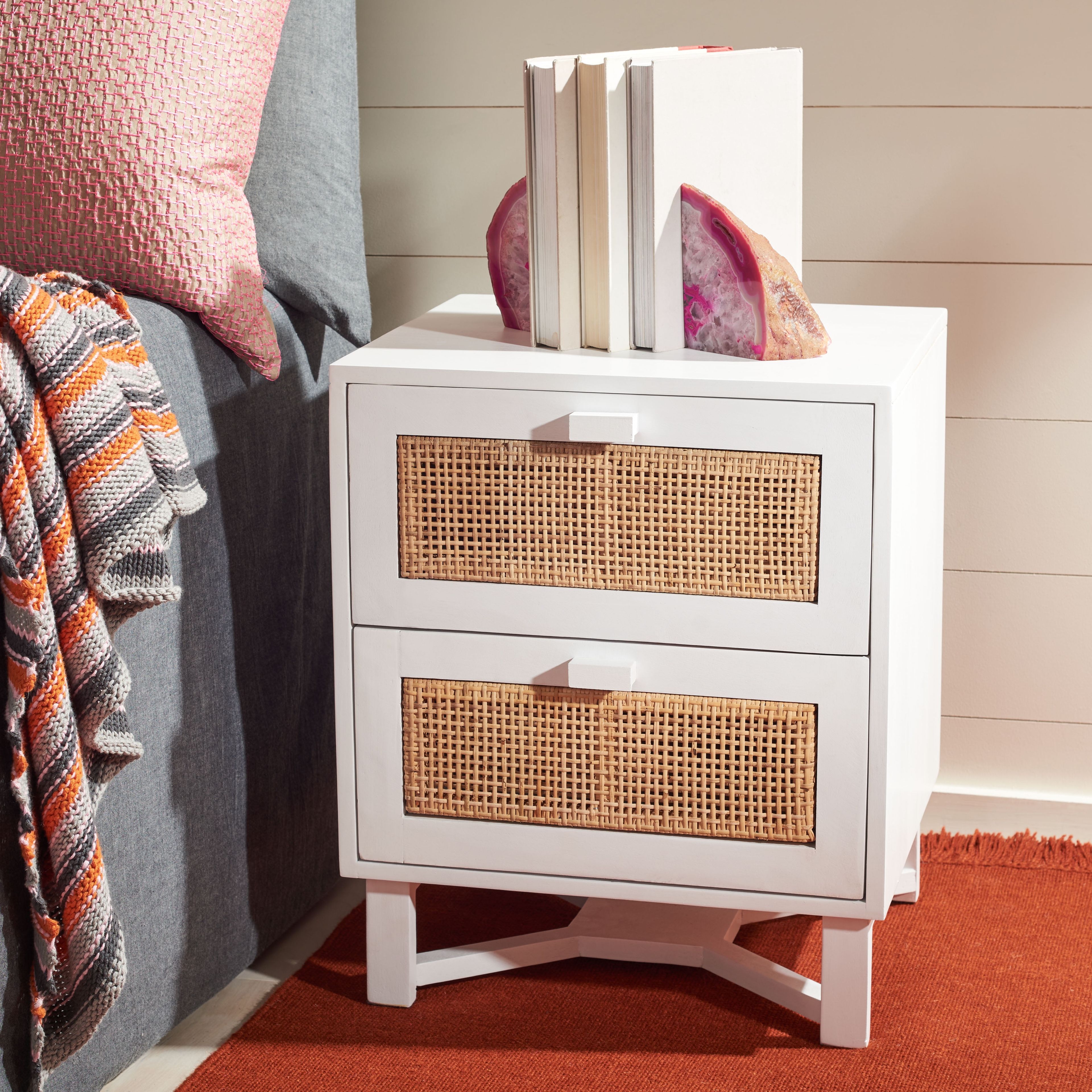 White and Natural Rattan 2-Drawer Nightstand