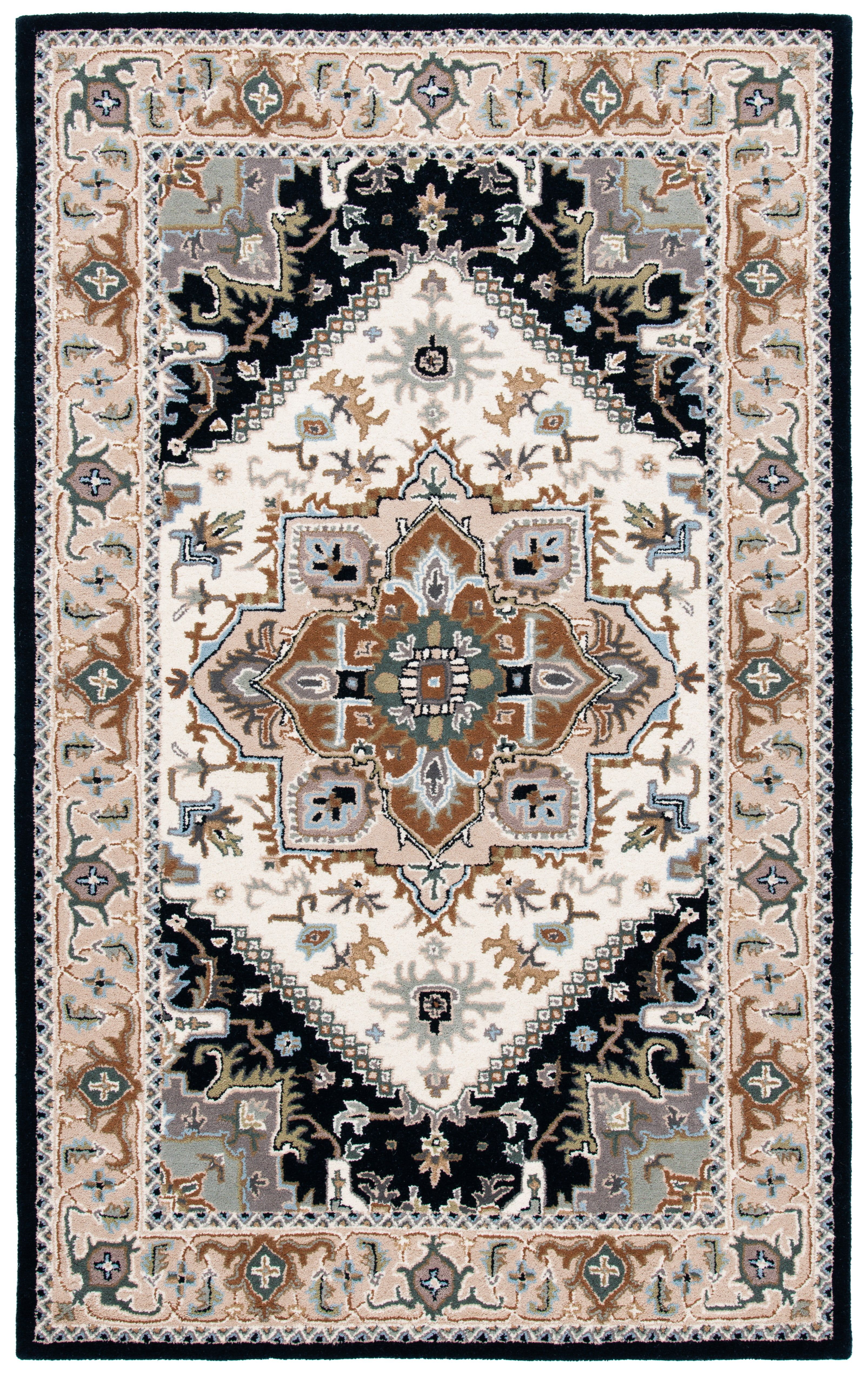Handmade Beige and Navy Wool Tufted Oriental Rug, 6' x 9'