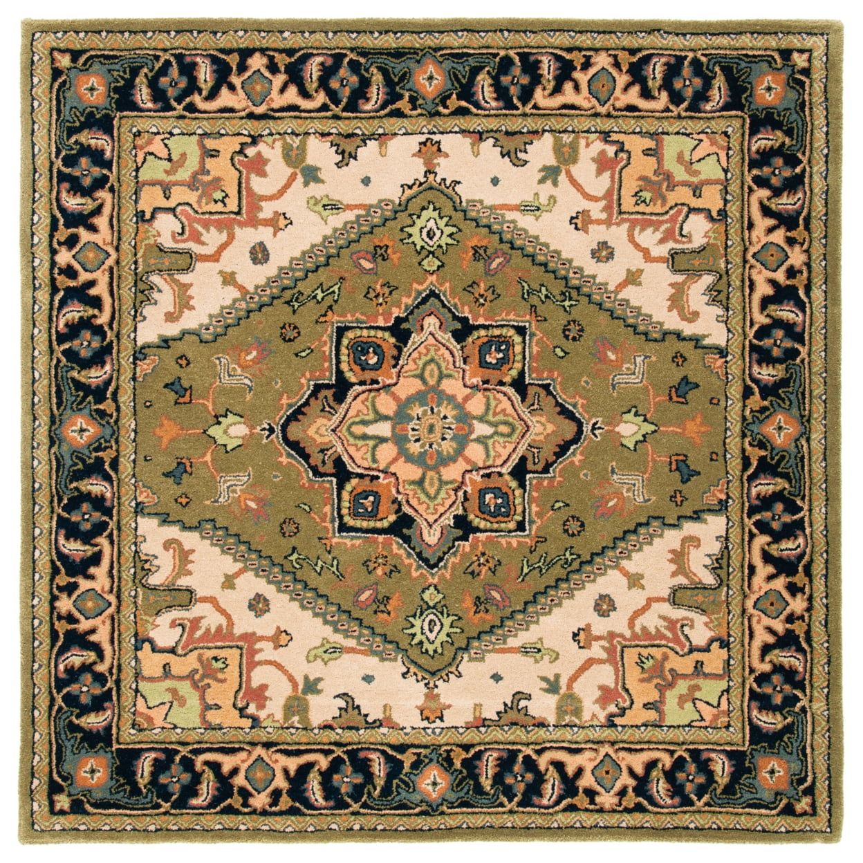 Hand-Tufted Heritage Square Wool Rug in Green & Light Brown