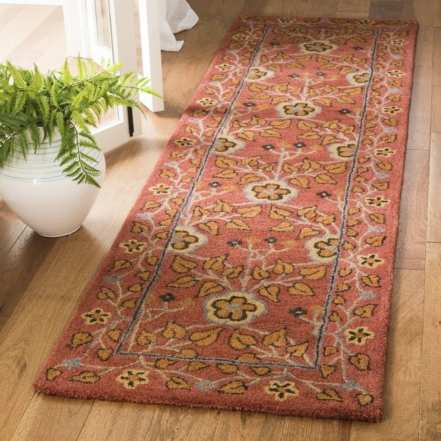 Handmade Red Wool Floral Runner Rug, 2'3" x 12'