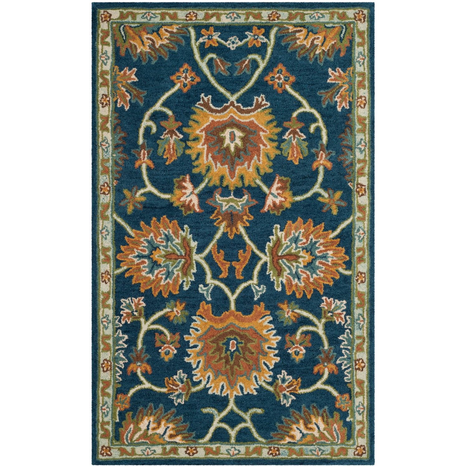 Navy Blue Hand-Tufted Wool Rectangular Floral Area Rug 3' x 5'