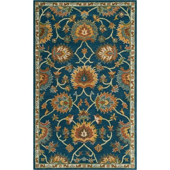 Navy Blue Floral Hand-Tufted Wool Area Rug, 4' x 6'
