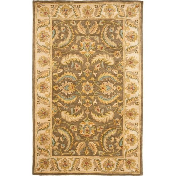 Ivory and Green Hand-Tufted Wool Area Rug, 5' x 8'