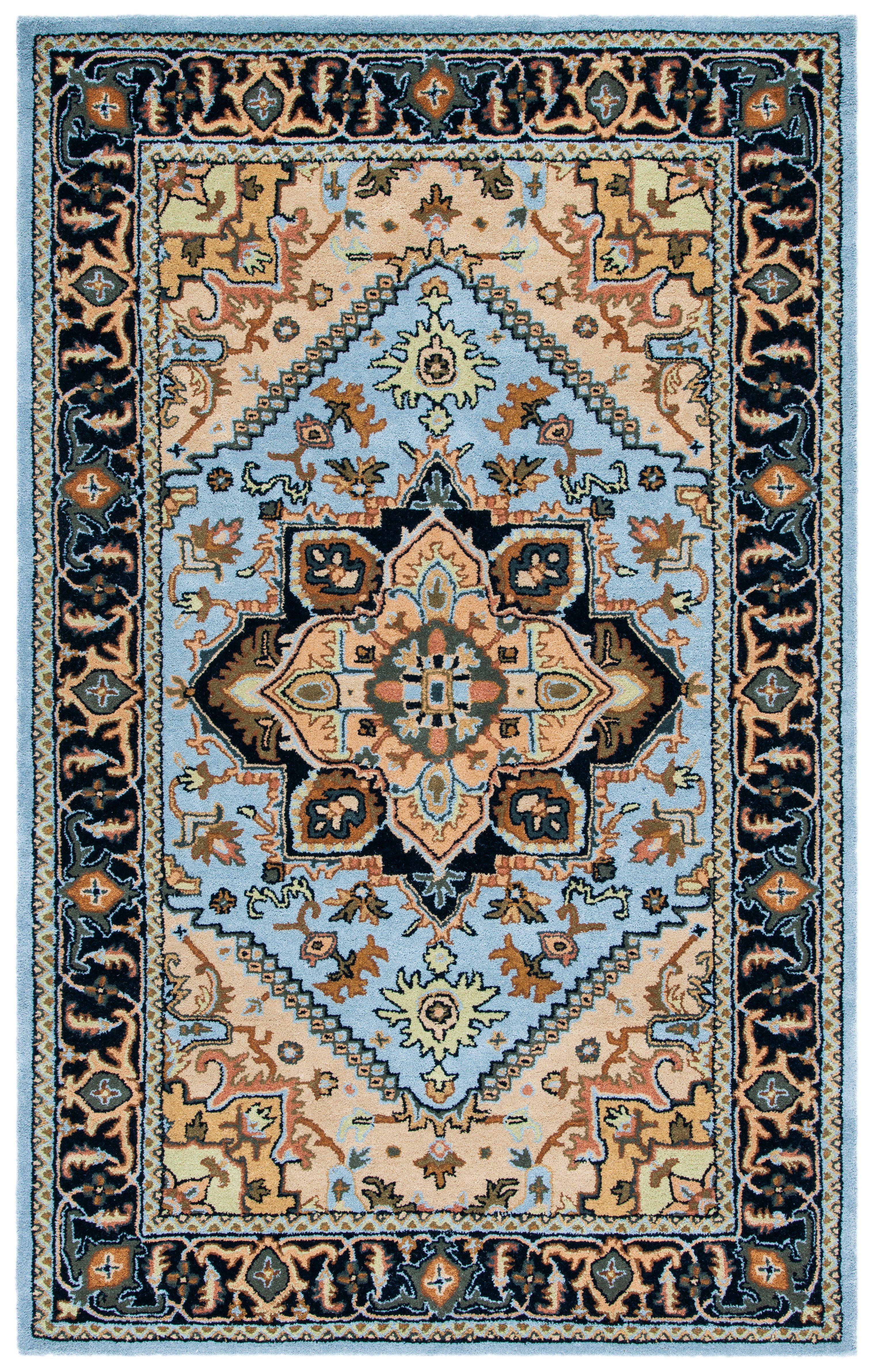 Handmade Blue and Light Brown Wool 6' x 9' Oriental Rug